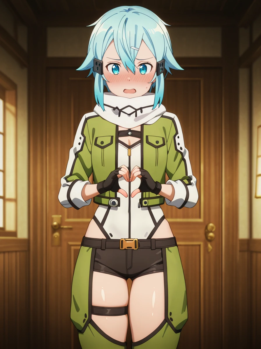 masterpiece, best quality, amazing quality, very aesthetic, absurdres, newest,shiny skin,anime screenshot,  anime_coloring  <lora:sinonSAO:1>Sinongungale, 1girl, solo, blue eyes, fingerless gloves,hairclip scarf, short shorts, short hair,  hair ornament, hairclip, black shorts, , blue hair, black gloves, , green jacket, green_pants thigh strap, pants  , thick thighs, open mouth, istting heart_hands nose blush,   white_scarf open jacket,  leotard