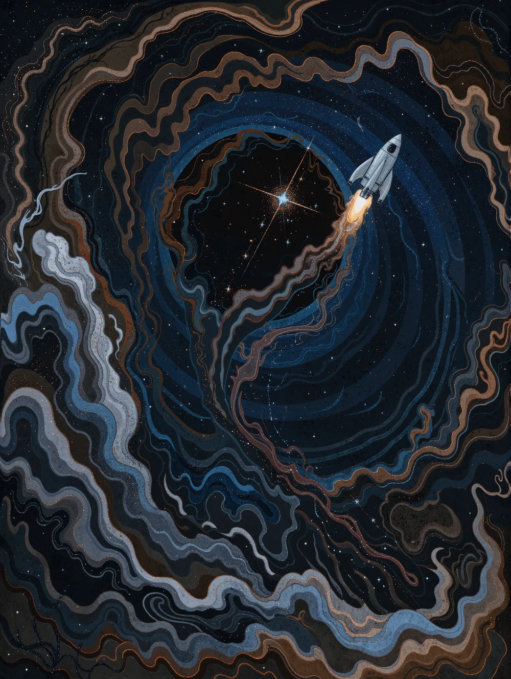 Whimsical, storybook-inspired folk art with flowing, dreamlike details. In the midst of a starry, inky blackness, a sleek, silver rocket ship piercingly illuminated by the harsh, distant light of a nearby star, blasts through a swirling vortex of iridescent, gloopy blobs of mercury, each