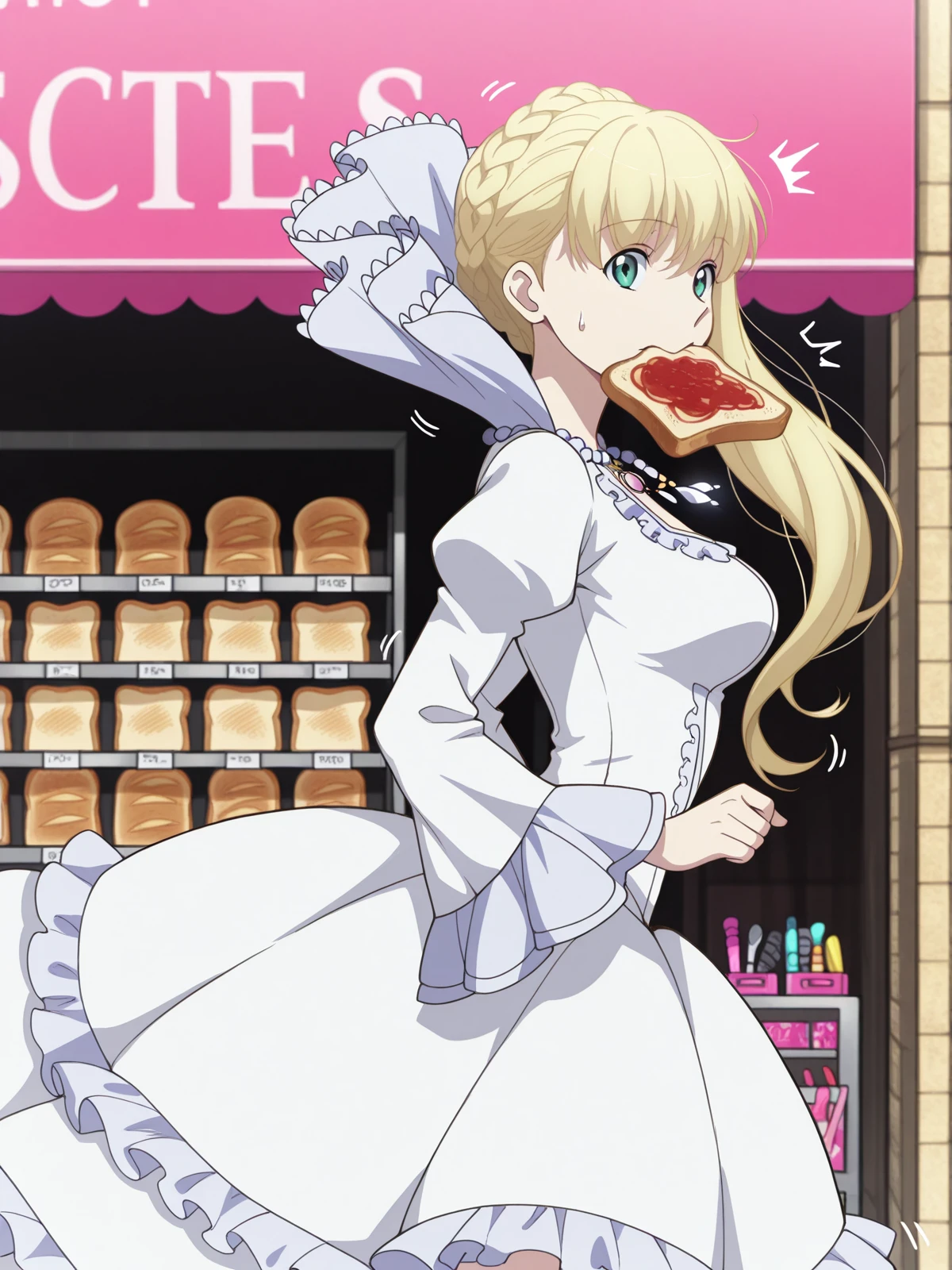 masterpiece, best quality, amazing quality,, <lora:asseylum-vers-allusia-s1-illustriousxl-lora-nochekaiser:1>, asseylum vers allusia, long hair, blonde hair, green eyes, braid, mature female, medium breasts, anime screencap,, dress, jewelry, necklace, white dress, frills, puffy sleeves, frilled skirt,, <lora:food-in-mouth-running-illustriousxl-lora-nochekaiser:1>, food in mouth running, food in mouth, running, bread, bread slice, food, toast in mouth, toast, sweatdrop, motion lines, motion blur, outdoors, cowboy shot, from side, sex shop, toys, privacy, items, unique, cowboy shot, solo, looking at viewer,