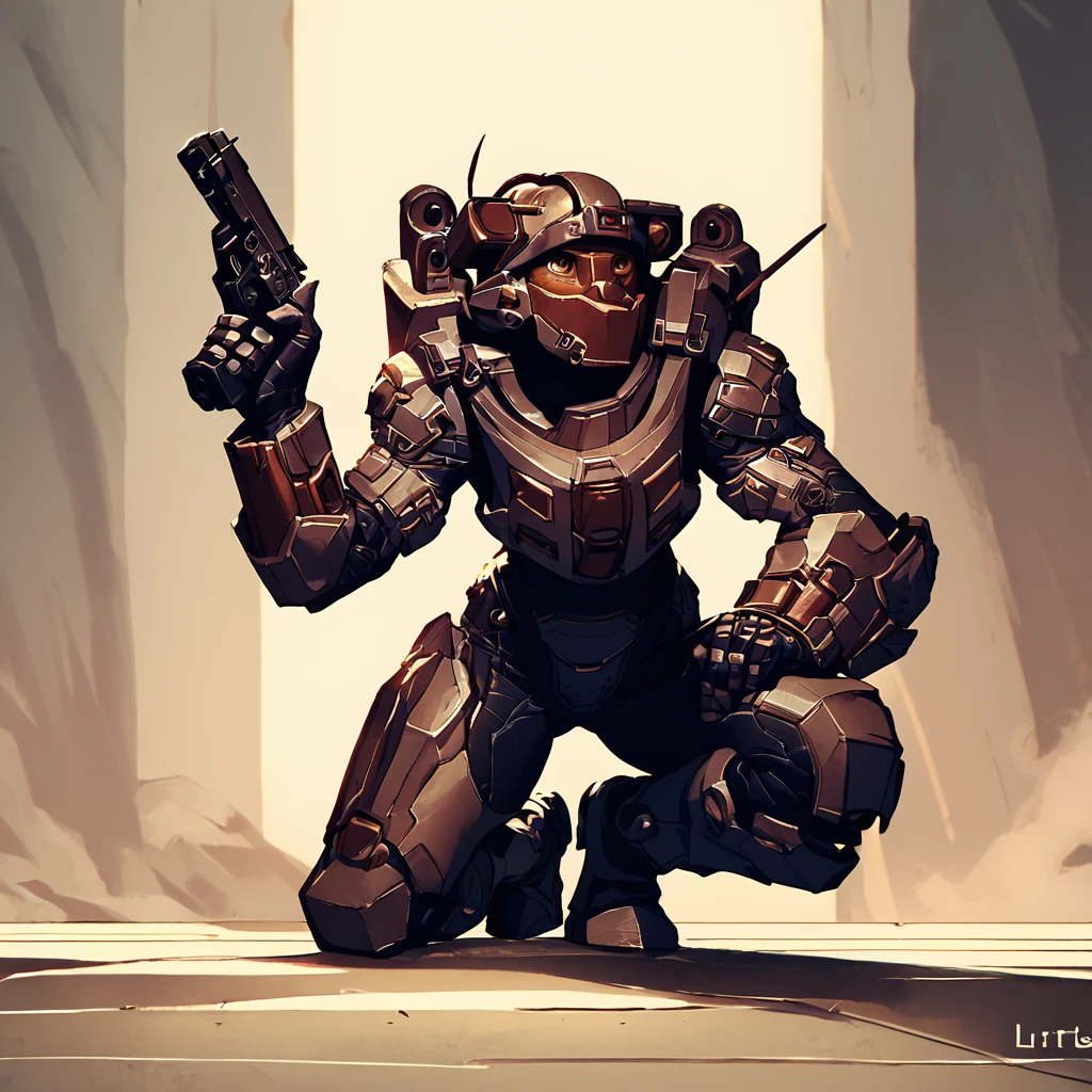 score_9, score_8_up, score_7_up, linds-058, armor, helmer, bodysuit, bent over, holding weapon, pistol, on one knee, arm support, hand up