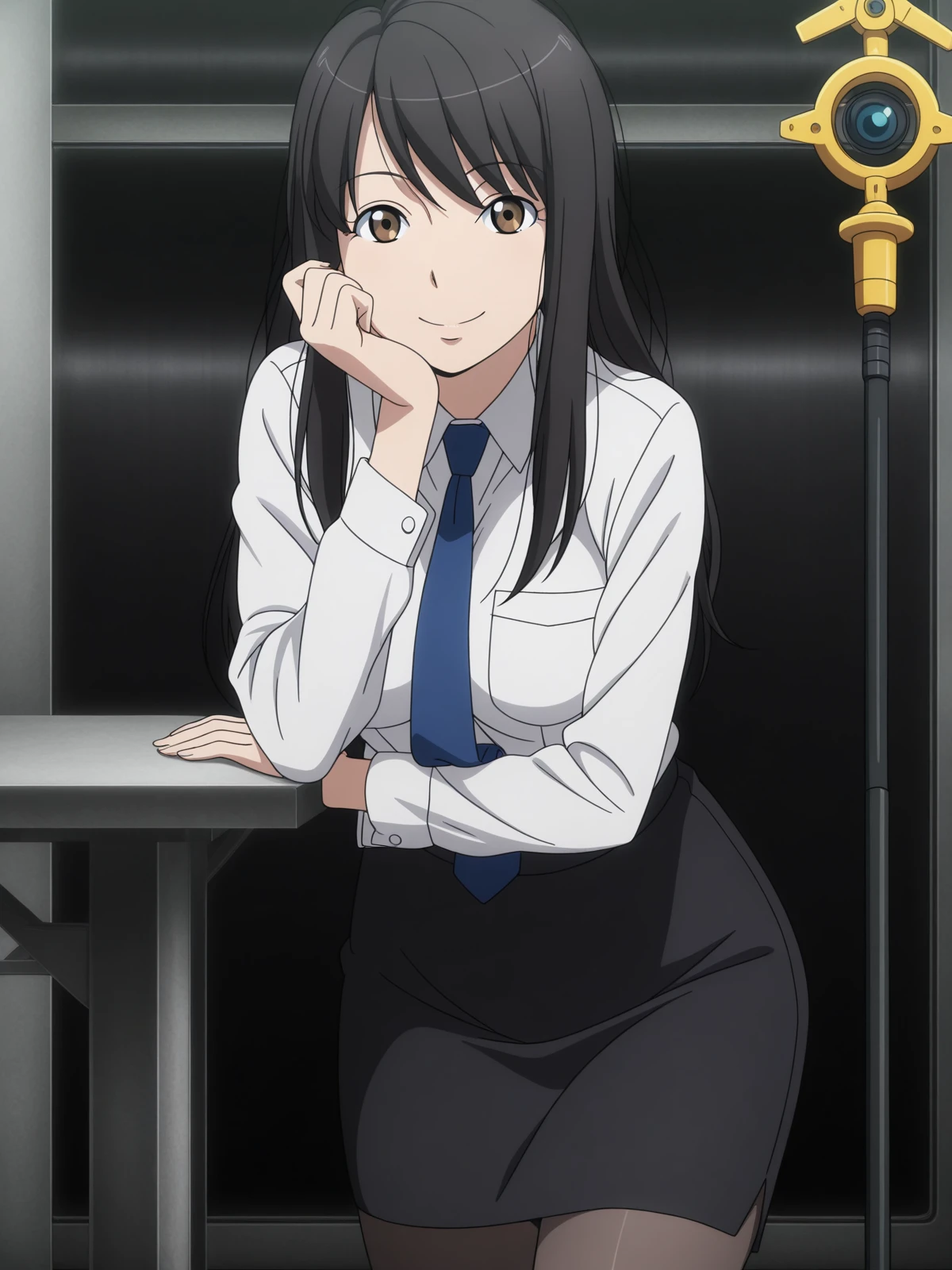 masterpiece, best quality, amazing quality,, <lora:yuki-kaizuka-s1-illustriousxl-lora-nochekaiser:1>, yuki kaizuka, long hair, black hair, brown eyes, mature female, medium breasts, anime screencap,, skirt, pantyhose, necktie, pencil skirt, long sleeves, collared shirt,, head rest, smile,, control tower, high, air_traffic, windows, staff, cowboy shot, solo, looking at viewer,