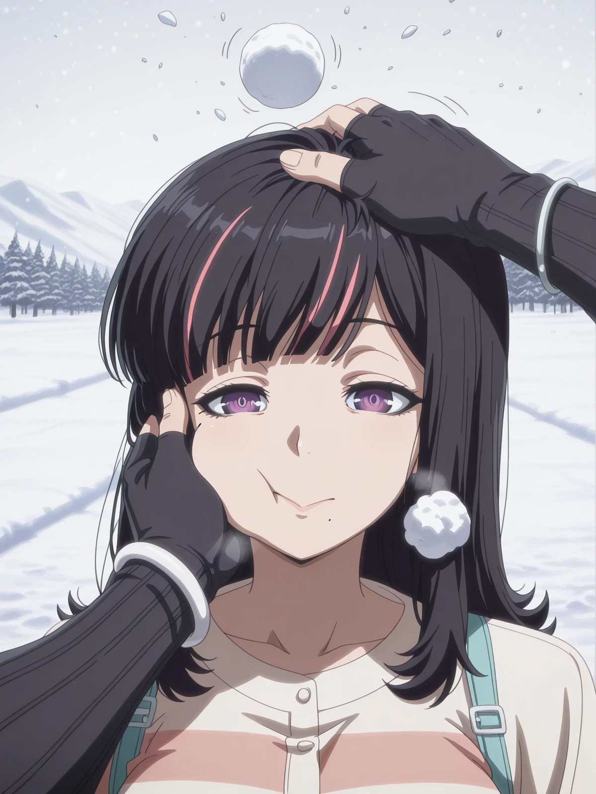 masterpiece, best quality, amazing quality,, <lora:akudama-swindler-s1-illustriousxl-lora-nochekaiser:1>, swindler, bangs, black hair, purple eyes, pink hair, multicolored hair, mole, two-tone hair, streaked hair, mole under mouth, mature female, , anime screencap, shirt, gloves, jewelry, black gloves, elbow gloves, striped, fingerless gloves, bracelet,, <lora:pov-cheek-and-head-pat-illustriousxl-lora-nochekaiser:1>, pov cheek and head , pov cheek and head (meme), looking at viewer, upper body, closed eyes, solo focus, pov, hand on another's head, pov hands, headpat, hand on another's face, hand on another's cheek, petting,, snow day, winter clothes, snowball fight, laughter, cold breath, white landscape, cowboy shot, solo, looking at viewer,