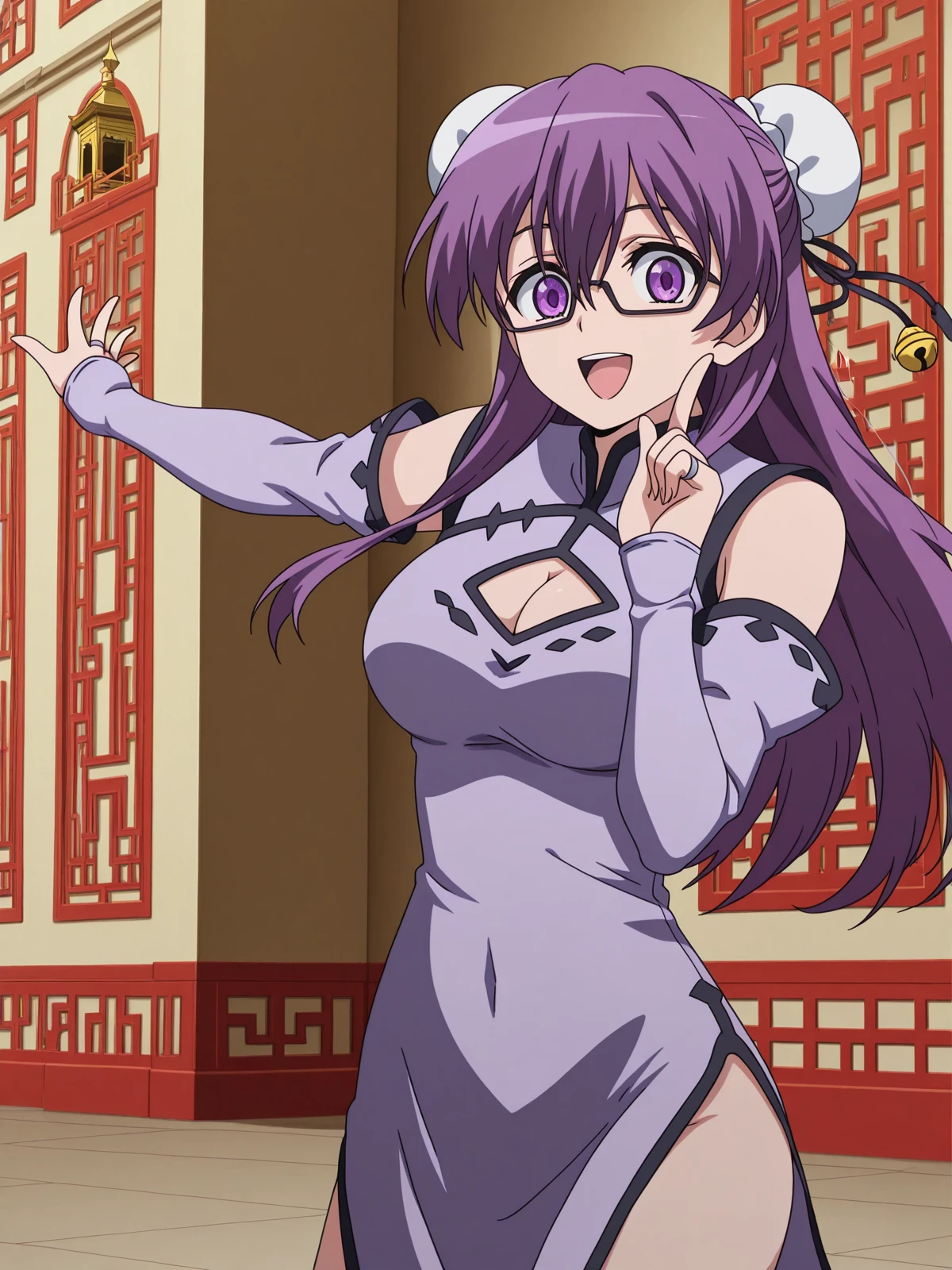 masterpiece, best quality, amazing quality,, <lora:agk-sheele-s1-illustriousxl-lora-nochekaiser:1>, sheele, long hair, purple eyes, purple hair, glasses, hair bun, single hair bun, bun cover, mature female, medium breasts, anime screencap, dress, cleavage, detached sleeves, clothing cutout, chinese clothes, cleavage cutout, china dress,, <lora:hoshino-ruby-dance-illustriousxl-lora-nochekaiser:1>, hoshino ruby dance, finger wagging, index finger raised, dancing, outstretched arm, cowboy shot, smile, open mouth,, bell tower, bells, height, church, ring, cowboy shot, solo, looking at viewer,