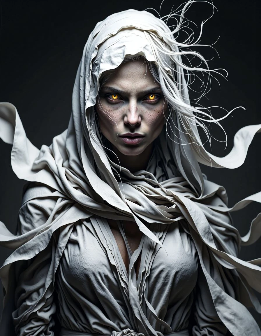 A mysterious figure with a powerful gaze, her face shrouded in white cloth, revealing only her intense, glowing eyes, her form draped in flowing, ethereal fabric, evoking a sense of ancient wisdom and hidden power. Rendered in a **baroque art** style, with dramatic lighting, dynamic composition, and a sense of theatricality. The flowing fabric should be highly detailed, with deep shadows and bright highlights, emphasizing movement and grandeur, as if captured in a moment of intense revelation.
<lora:Flux_Krea_Blaze_Lora-rank64:1>  <lora:whiter-shade-of-pale:1>