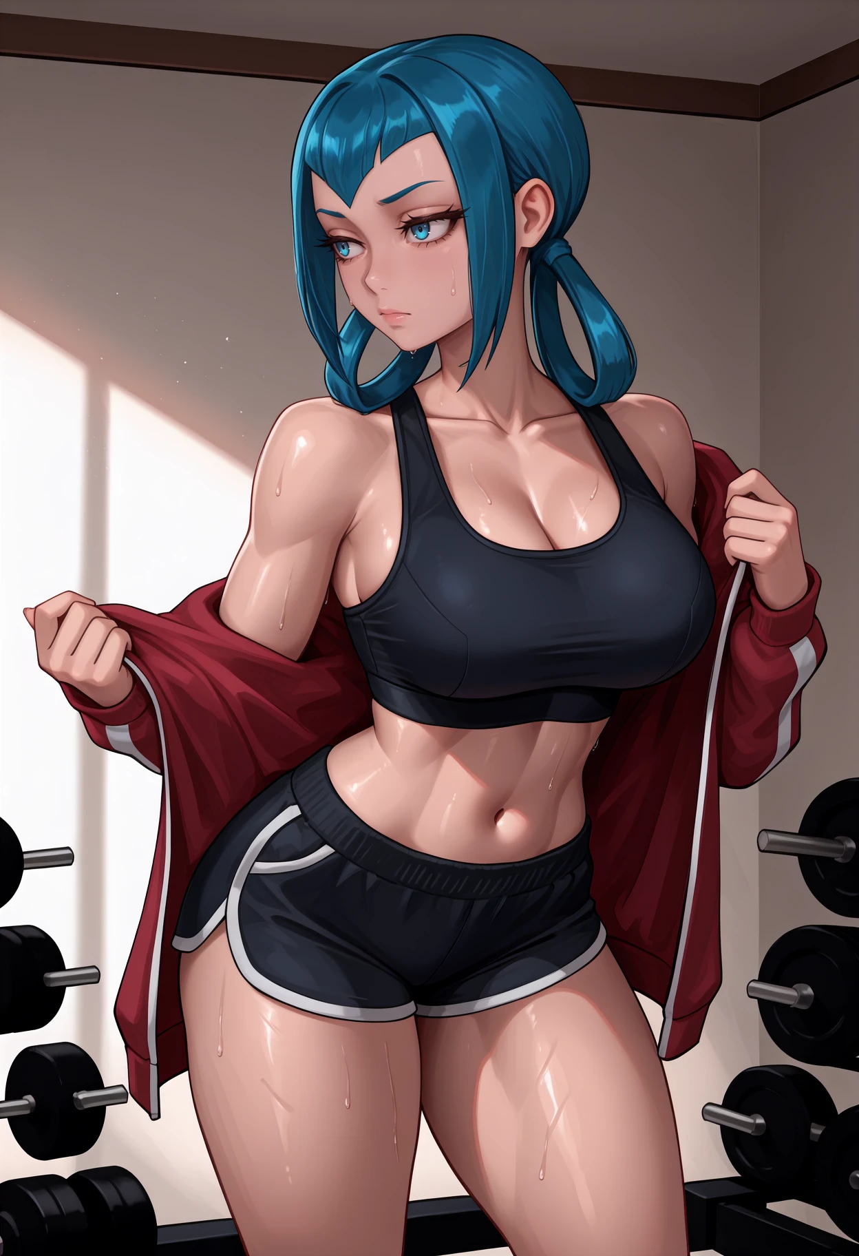 newest, solo, 1girl, sweat, facing viewer, looking away, standing, removing jacket, long hair, blue hair, hair rings, blue eyes, eyelashes, red jacket, track jacket, open jacket, long sleeves, black sports bra, black shorts, dolphin shorts, short shorts,  shoulders, collarbone, stomach, navel, , indoors, gym, weights
<segment:yolo-Anzhc Face seg 640 v3 y11n.pt,0.5,0.5//cid=11>