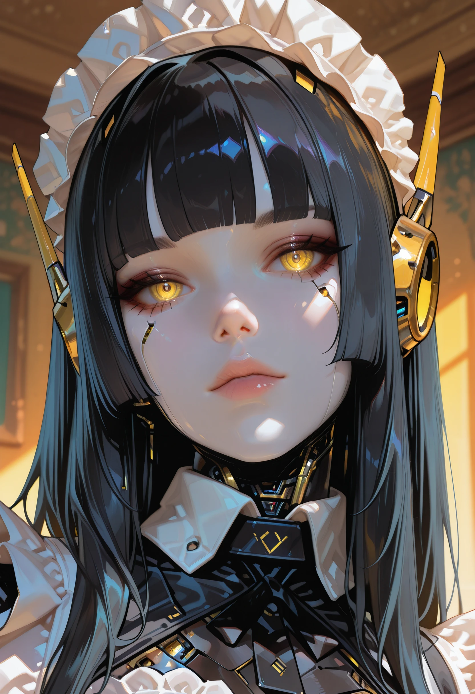 masterpiece, very aesthetic, best quality, absurdres, newest,
<lora:ILJABlH:1>
JABlH, 1girl, black hair, maid headdress, yellow eyes, long hair, sidelocks, robot ears, android, blunt bangs