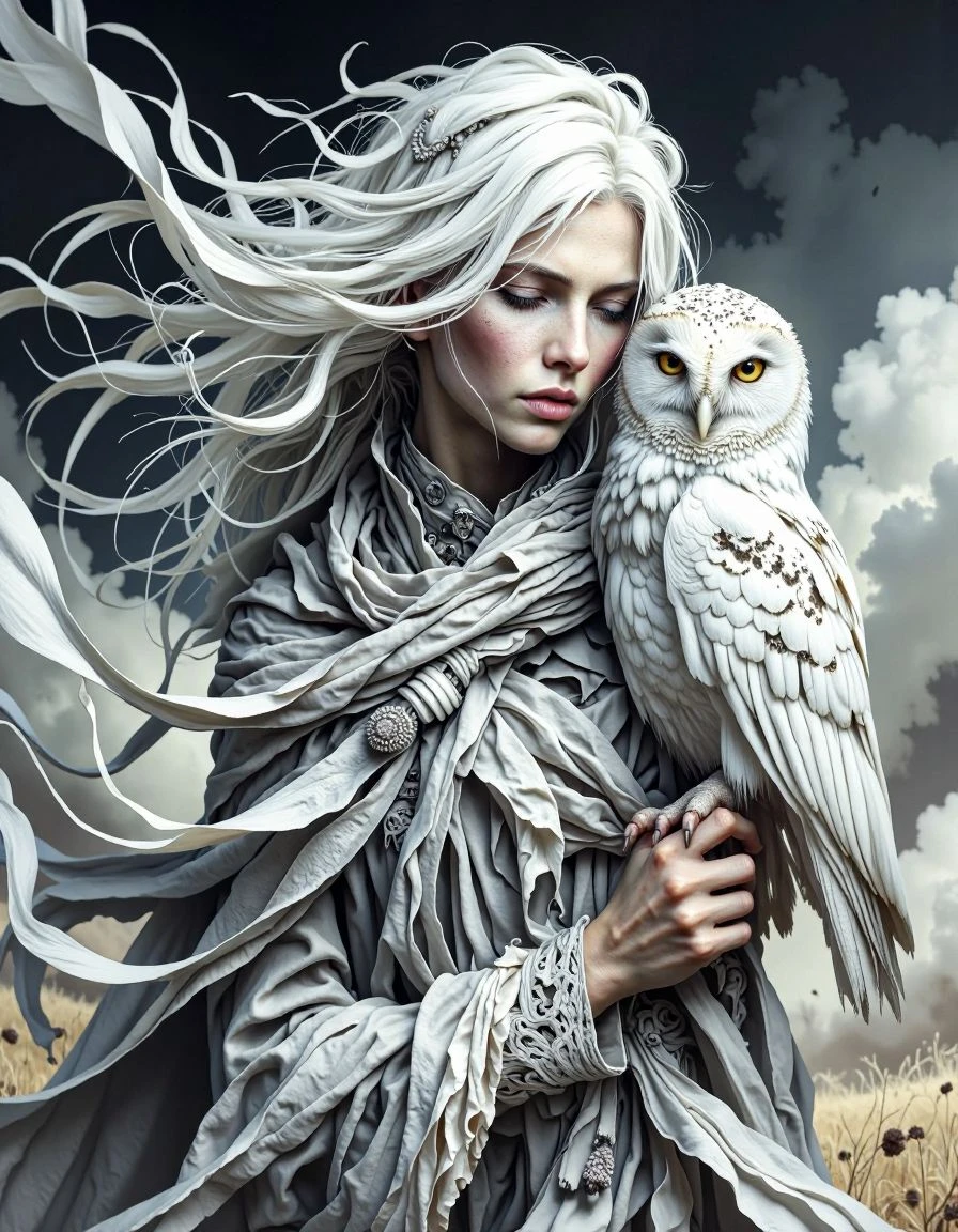 A spectral figure with long, flowing white hair and a haunting gaze, draped in tattered, translucent fabric, against a backdrop of swirling mist and dark clouds, evoking a sense of ancient sorrow and ethereal beauty. A majestic white owl with piercing golden eyes perches silently on her shoulder, its feathers blending seamlessly with her flowing hair, symbolizing wisdom and a silent vigil in the desolate landscape. The scene is rendered in a **watercolor painting** style, with soft, blended colors and delicate washes that emphasize the dreamlike quality of the scene, capturing the transient nature of the ghostly presence and its silent companion.
<lora:Flux_Krea_Blaze_Lora-rank64:1>  <lora:whiter-shade-of-pale:1>