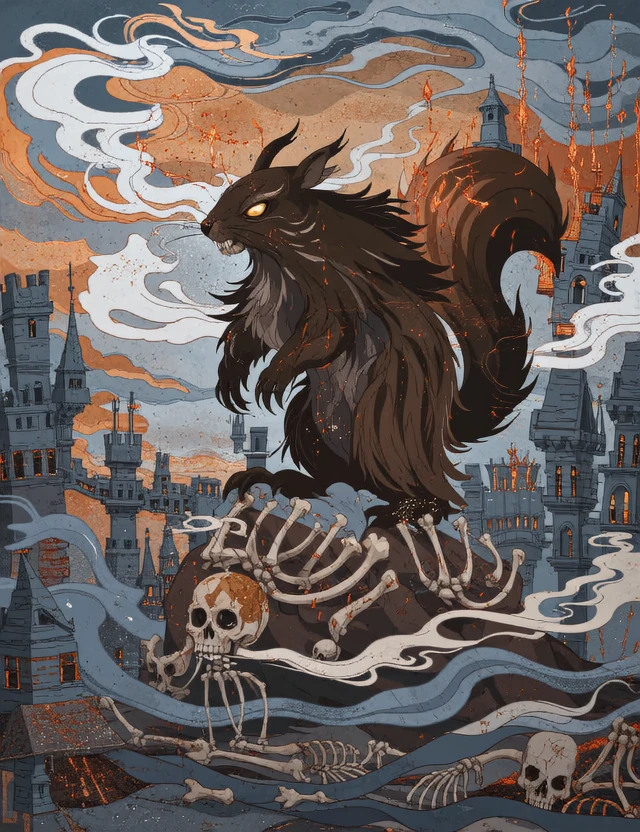 Whimsical, storybook-inspired folk art with flowing, dreamlike details. In a low-angle, cinematic shot, a towering, battle-scarred giant squirrel stands atop a mound of skeletal bones, surrounded by the ruins of an ancient, ominous castle, its walls cracked and worn, with hot, fiery pits burning in the distance. The squirrel's fur is a deep, dark brown, with highly detailed, coarse hairs that seem to bristle with malevolent energy, its