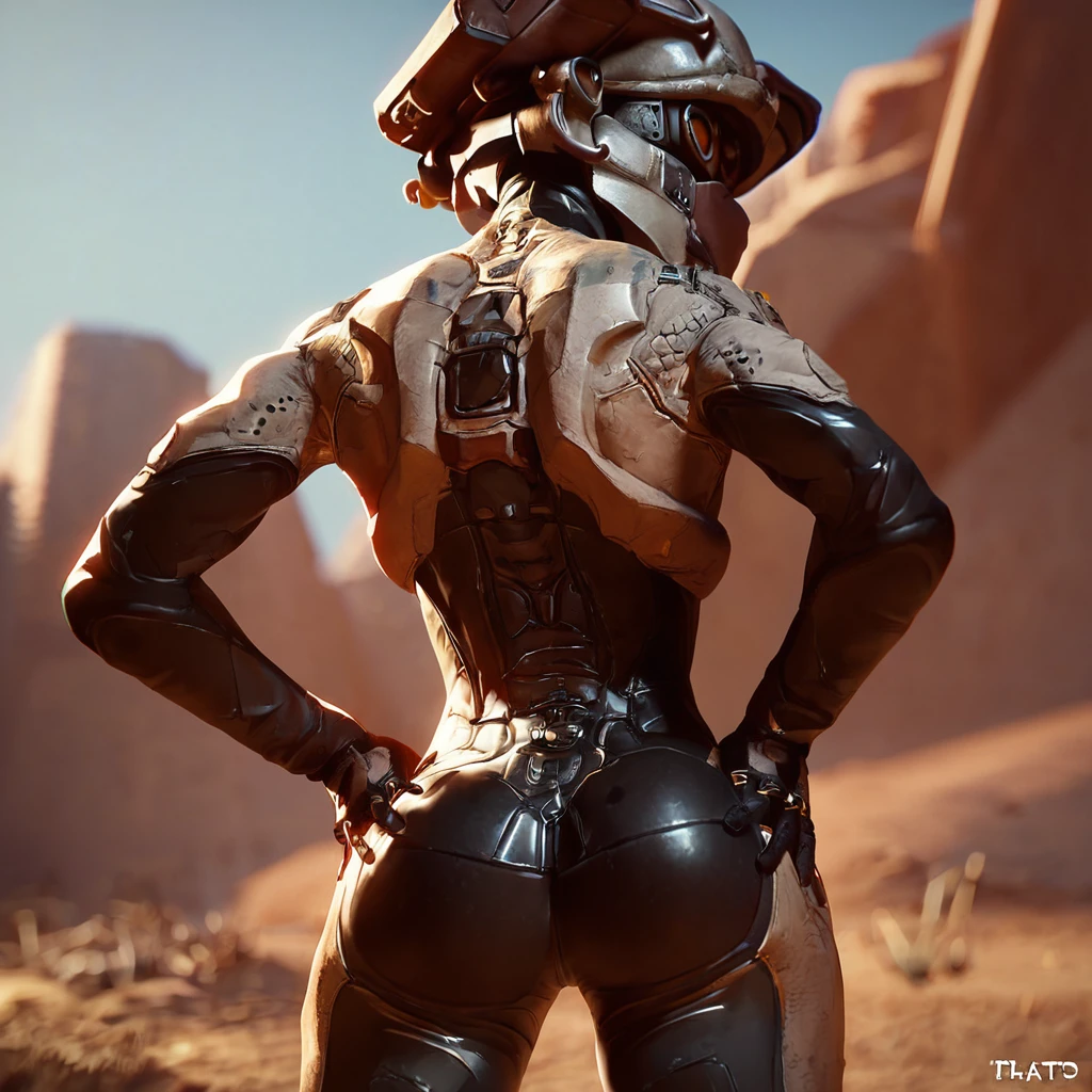 score_9, score_8_up, score_7_up, linds-058, helmet, bodysuit, hands on hips, rear view, looking back, desert