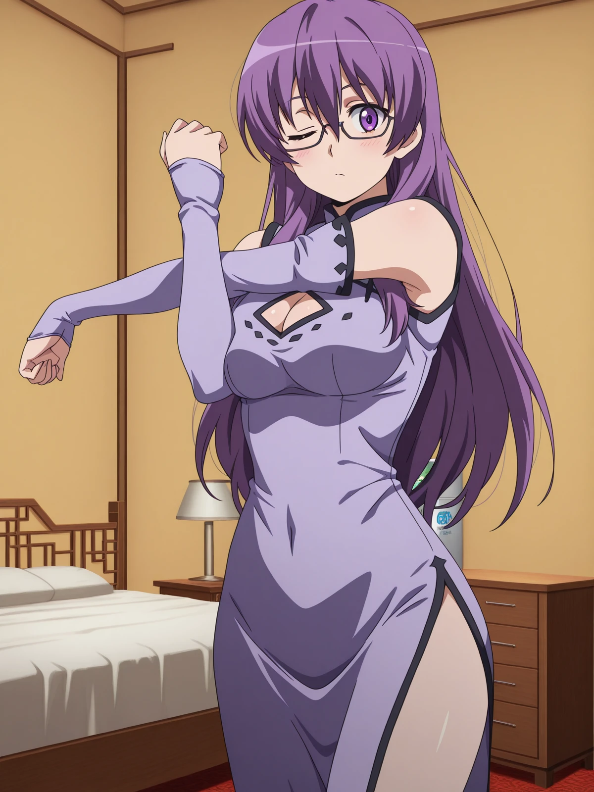 masterpiece, best quality, amazing quality,, <lora:agk-sheele-s1-illustriousxl-lora-nochekaiser:1>, sheele, long hair, purple eyes, purple hair, glasses, mature female, medium breasts, anime screencap, dress, cleavage, detached sleeves, clothing cutout, chinese clothes, cleavage cutout, china dress,, <lora:cross-body-stretch-illustriousxl-lora-nochekaiser:1>, cross-body stretch, stretching, arm across chest, exercising, cowboy shot, blush, one eye closed, hotel room, bed, desk, mini_fridge, room_service, cowboy shot, solo, looking at viewer,