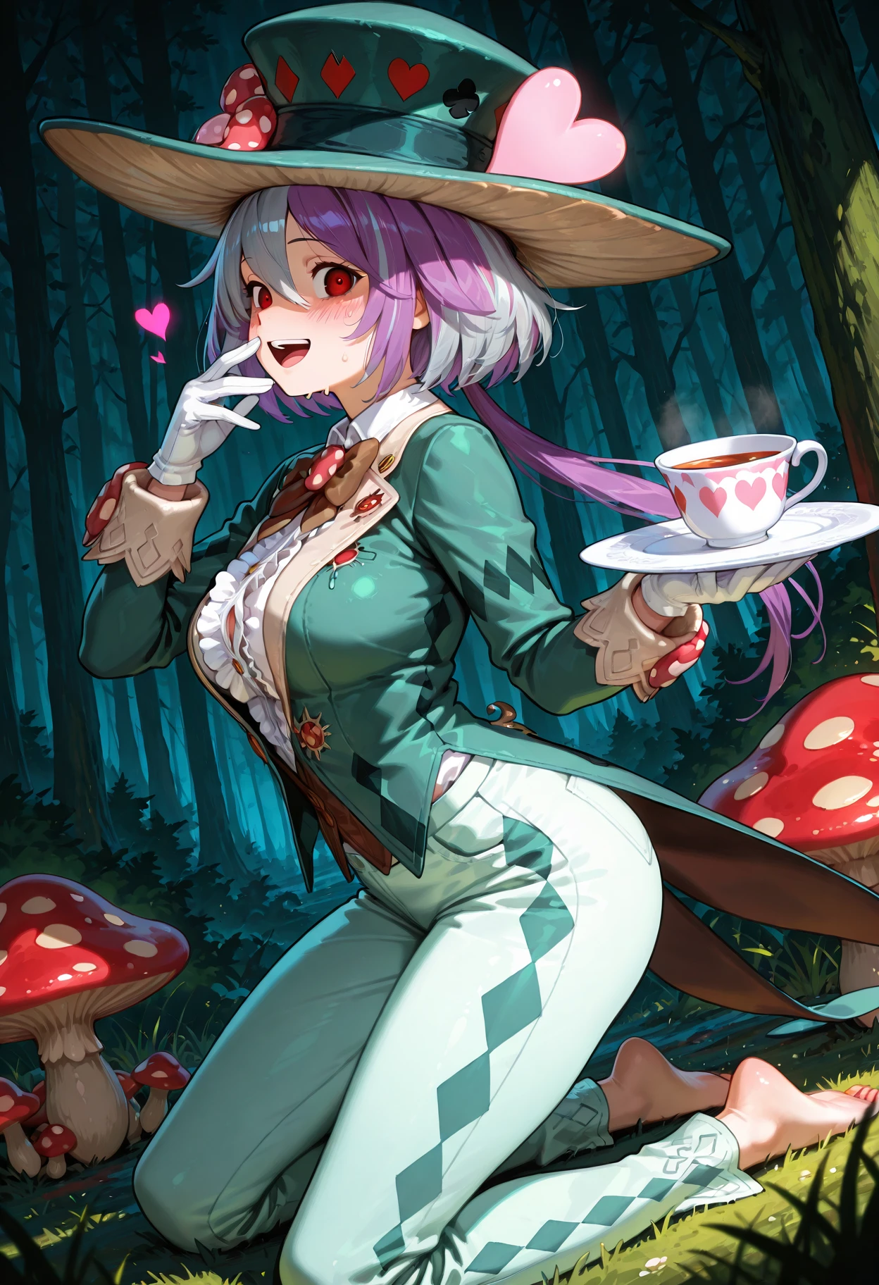 masterpiece, best quality, amazing quality, absurdres, soft,
1girl, 20yo, solo,
madhattermge, mushroom, green suit, holding teacup, brown bowtie, long hair, argyle, red eyes, purple hair, white undershirt, light green pants, long sleeves, white gloves, pink heart hat ornament, hair between eyes, ponytail,center frills, low ponytail, tailcoat, green top hat, holding plate, two-tone hair, grey hair, barefoot,
sweat, blush, yandere, laughing,
from side,
depth of field, giant mushroom, grass, forest,
looking at viewer, cinematic, volumetric lighting, dynamic shadows, dark background, dark,
dynamic angle, dynamic pose, foreshortening, perspective,
<lora:StS-Illustrious-Detail-Slider-v1.0:3>, <lora:illustrious_quality_modifiers_masterpieces_v1:0.5>,<lora:Dramatic Lighting Slider:1.7>
<lora:madhattermge-000006:0.8>