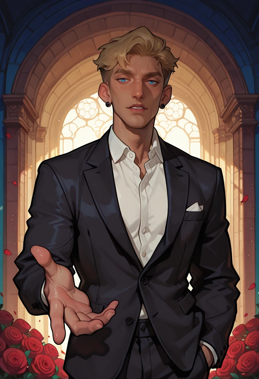 very awa, masterpiece, best quality, absurdres, newest, perfect quality, detailed background, intricate details
<lora:ILOCBlnG:1.0>
OCBlnG, 1boy, male focus, short hair, blonde hair, undercut, blue eyes, earrings, male focus, lies amidst a scattering of red roses, stylish black suit with a partially unbuttoned white shirt, showcasing a refined yet edgy appearance, hand gestures playfully above him, adding to the dramatic atmosphere of the scene, which is filled with petals and contrasting dark elements