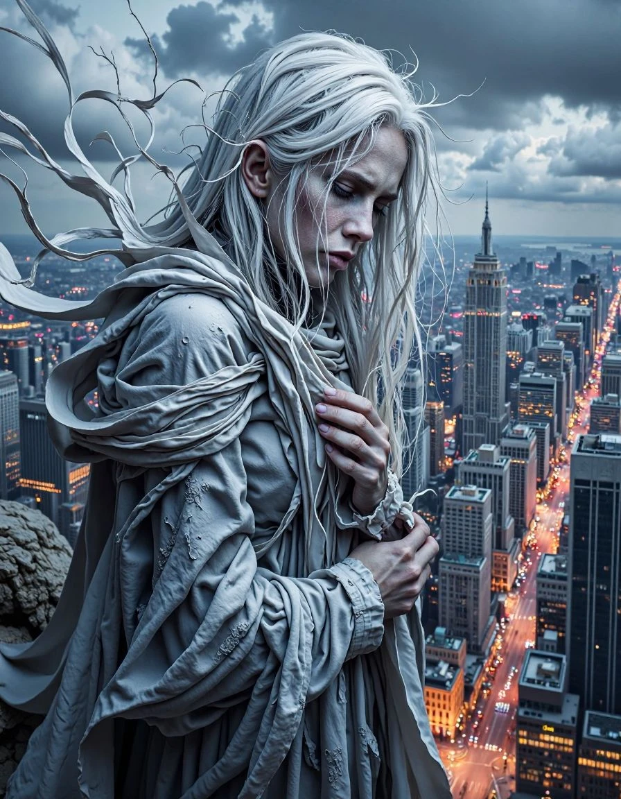 A vision of ethereal despair, a woman with long, white hair and a pale, almost lifeless, complexion, her gaze fixed and intense, her clothing a cascade of delicate, torn white cloth that merges with the cloudy background. Now, imagine her standing on a precipice overlooking a vast, shimmering cityscape at night, where the lights of the buildings create a breathtaking tapestry of **gold, silver, and neon pink**. Her white hair and torn cloth are subtly tinged with these urban colors, creating a poignant scene of despair softened by the immense, colorful beauty of the modern world.
<lora:Flux_Krea_Blaze_Lora-rank64:1>  <lora:whiter-shade-of-pale:1>