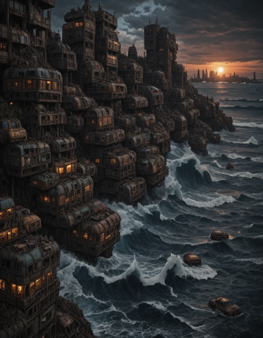 <lora:CW02_Lost_LuxFlats_ill:1> cw02lf, masterpiece, absurdres, 8k, insanely detailed, sharp focus, from side, sunset, piled cars buildings, sea, waves,