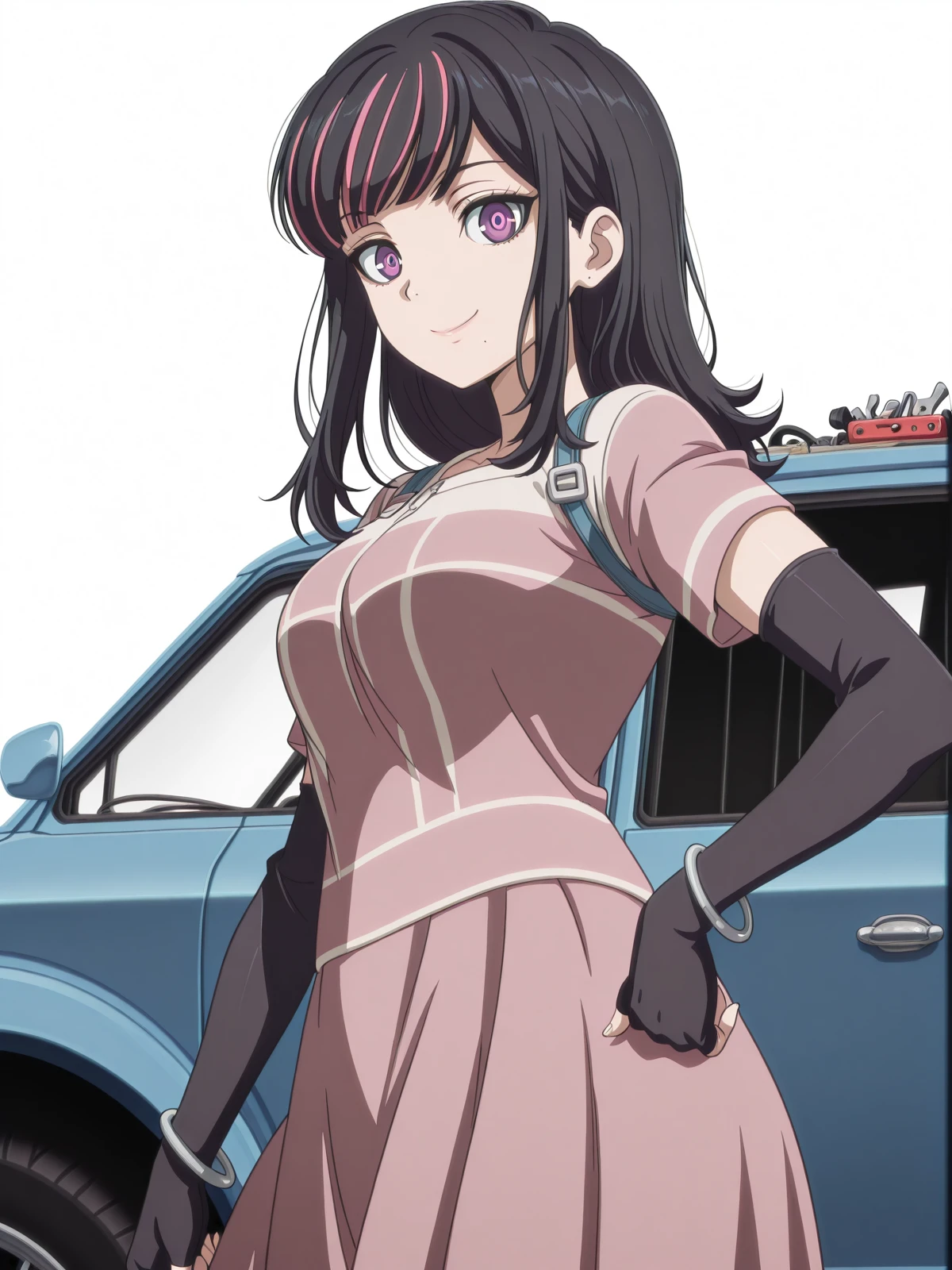 masterpiece, best quality, amazing quality,, <lora:akudama-swindler-s1-illustriousxl-lora-nochekaiser:1>, swindler, bangs, black hair, purple eyes, pink hair, multicolored hair, mole, two-tone hair, streaked hair, mole under mouth, mature female, medium breasts, anime screencap, shirt, gloves, jewelry, black gloves, elbow gloves, striped, fingerless gloves, bracelet,, <lora:sailormars-pose-illustriousxl-lora-nochekaiser:1>, sailormars pose, solo, looking at viewer, smile, cowboy shot, hand on own hip,, garage, car, tools, mechanic, repair, cowboy shot, solo, looking at viewer, <lora:transparent-background-illustriousxl-lora-nochekaiser:1>, transparent background, simple background, white background