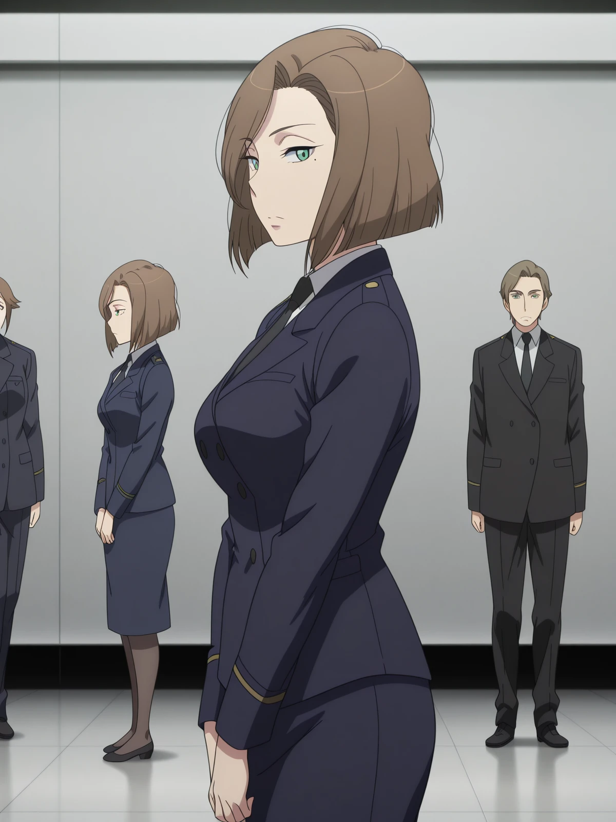 masterpiece, best quality, amazing quality,, <lora:darzana-magbaredge-s1-illustriousxl-lora-nochekaiser:1>, darzana magbaredge, short hair, brown hair, green eyes, mole, mature female, medium breasts, anime screencap, necktie, uniform, formal, suit, <lora:cobra-pose-illustriousxl-lora-nochekaiser:1>, cobra pose, full body, lying, from side,, museum, art exhibit, paintings, observing, quiet contemplation, cultural experience, cowboy shot, solo, looking at viewer,