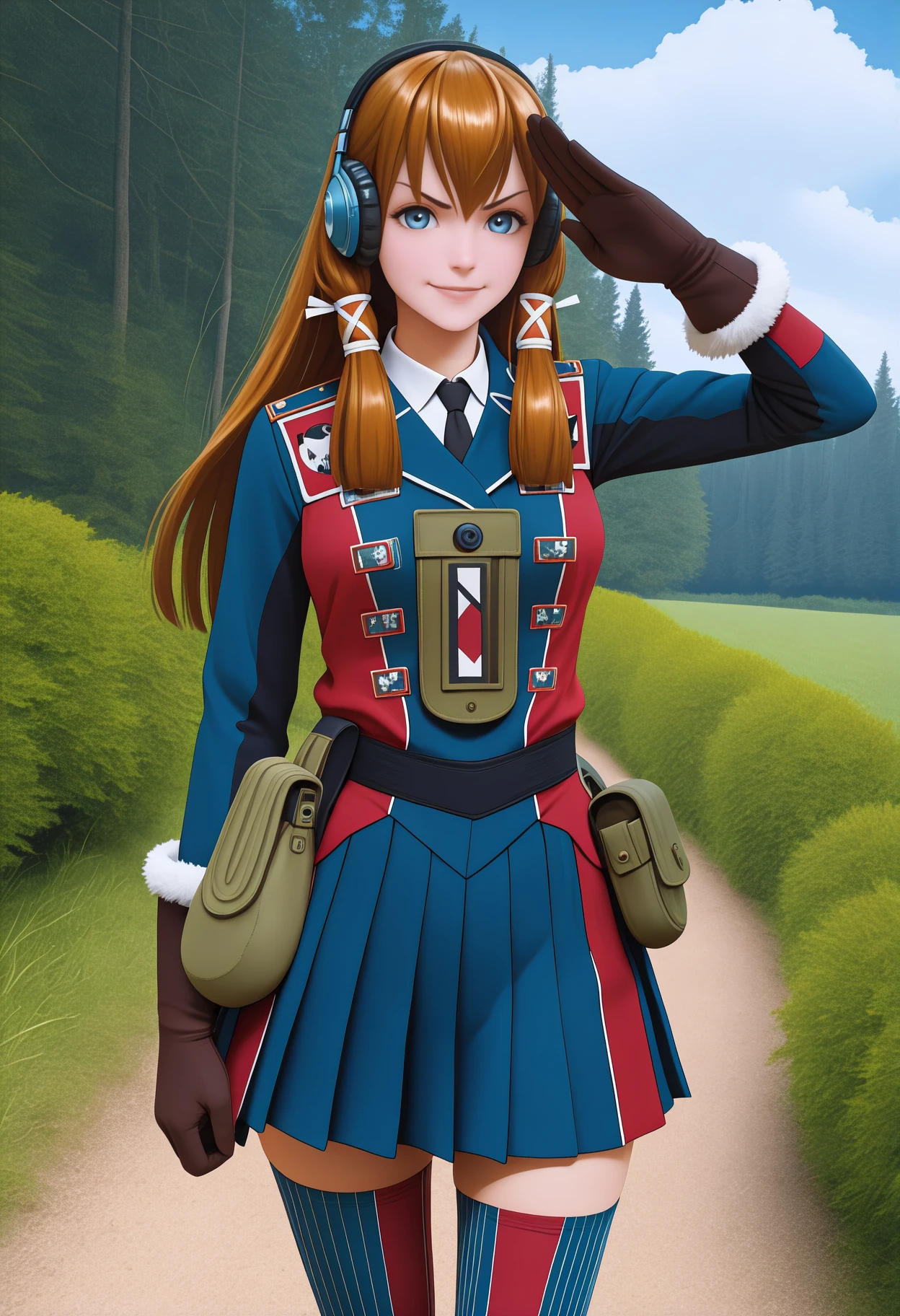 newest, solo, 1girl, smile, looking at viewer, standing, salute, arm at side, long hair, brown hair, hair ribbon, tress ribbon, white ribbon, headphones, blue eyes, v-shaped eyebrows, military uniform, two-tone jacket, blue jacket, red jacket, long sleeves, white shirt, collared shirt, black necktie, brown gloves, fur-trimmed gloves, blue skirt, pleated skirt, pouch, vertical-striped thighhighs, blue thighhighs, red thighhighs, outdoors, blue sky, cloud, forest, path, grass, tree, bush
<segment:yolo-Anzhc Face seg 640 v3 y11n.pt,0.5,0.5//cid=11>