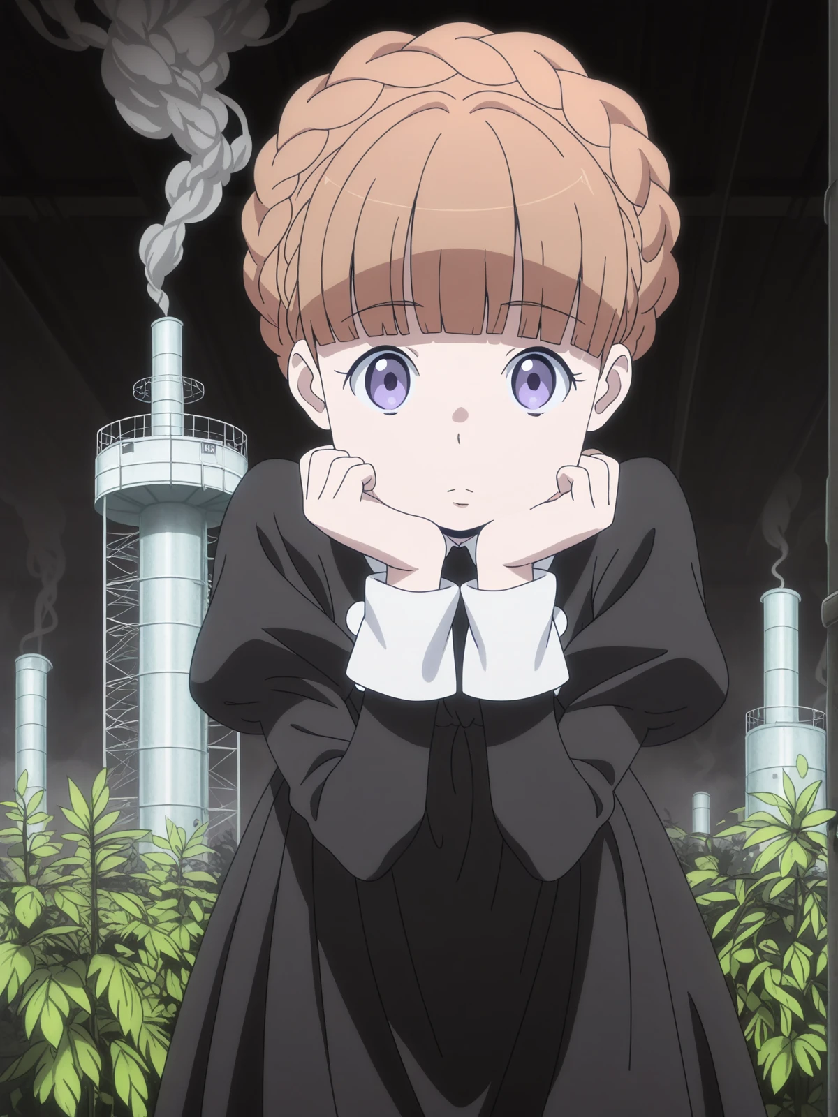 masterpiece, best quality, amazing quality,, <lora:eddelrittuo-s1-illustriousxl-lora-nochekaiser:1>, eddelrittuo, bangs, brown hair, purple eyes, braid, blunt bangs, anime screencap, long sleeves, dress, puffy sleeves, black dress, maid, head rest, cooling tower, smoke, power, plant, height, cowboy shot, solo, looking at viewer,