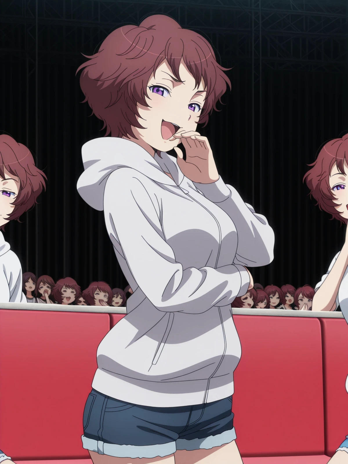 masterpiece, best quality, amazing quality,, <lora:rayet-areash-s1-illustriousxl-lora-nochekaiser:1>, rayet areash, short hair, brown hair, purple eyes, red hair, medium breasts, anime screencap,, hood, hoodie, shorts, denim shorts,, <lora:ojou-sama-pose-illustriousxl-lora-nochekaiser:1>, ojou-sama pose, laughing, smug, hand to own mouth, open mouth, upper body, amphitheater, seats, outdoor, stage, large, cowboy shot, solo, looking at viewer,