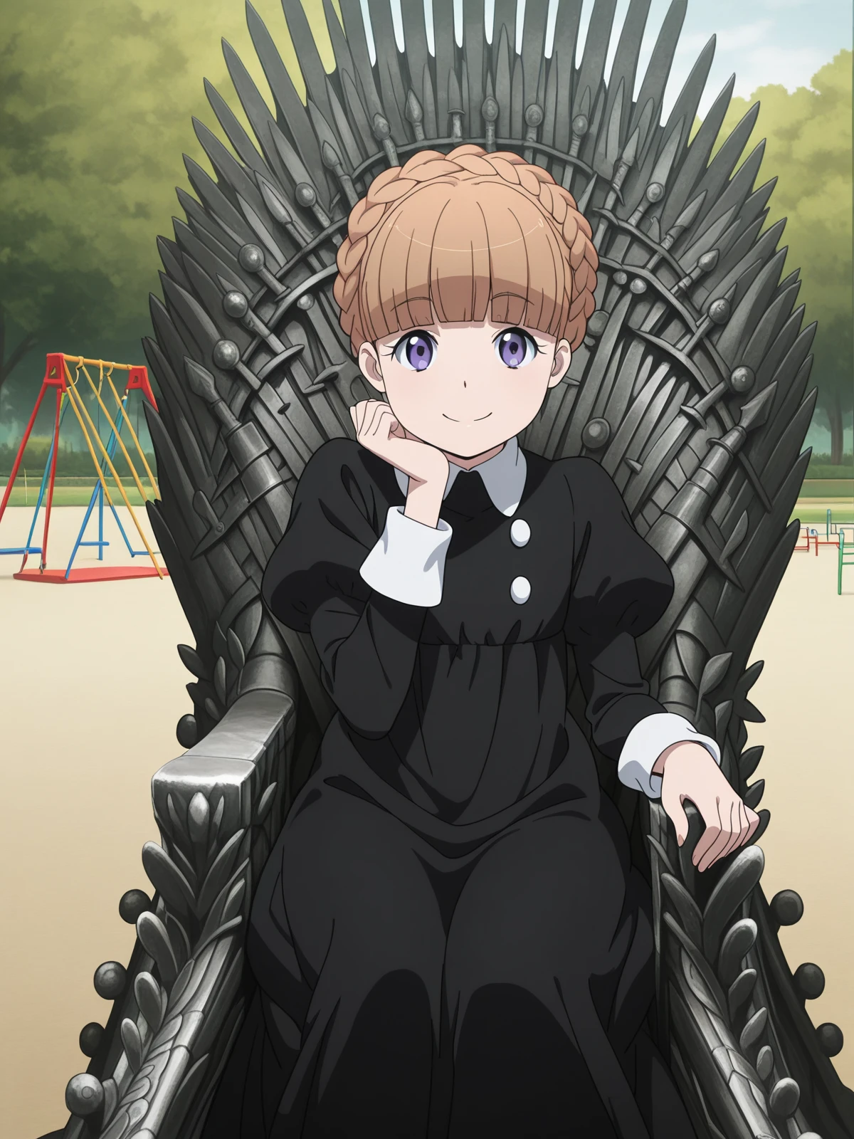 masterpiece, best quality, amazing quality,, <lora:eddelrittuo-s1-illustriousxl-lora-nochekaiser:1>, eddelrittuo, bangs, brown hair, purple eyes, braid, blunt bangs, anime screencap, long sleeves, dress, puffy sleeves, black dress, maid, <lora:iron-throne-illustriousxl-lora-nochekaiser:1>, iron throne, sitting, looking at viewer, sword, throne, sitting on throne, smile, feet out of frame, elbow rest, public park, playground, swing set, laughter, sunny day, cowboy shot, solo, looking at viewer,