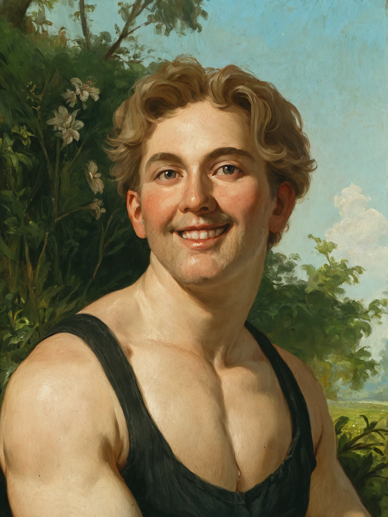 oil painting, traditional medium, score_9, score_8_up, score_7_up, rating_safe, 1boy, solo, smile, black singlet, nature, canvas texture