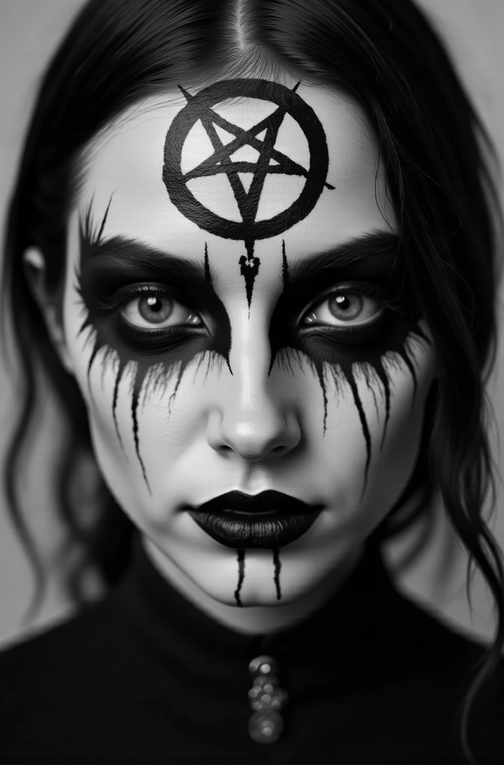 A woman wearing corpse paint with inverted pentagram on forehead