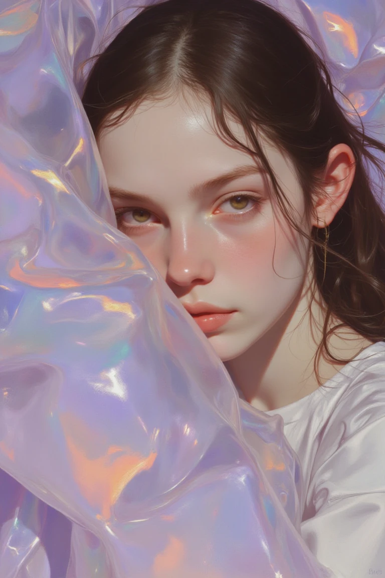 portpaintstudy, A highly stylized hyper-realistic portrait of a medium-skinned woman, her expression soft and contemplative as she gazes off to the side, not meeting the viewer's eye. Her long, wavy hair cascades loosely around her shoulders, partially obscuring her neck. She is enveloped in a semi-transparent, iridescent air-filled covering that floats and ripples around her. The covering, glimmering in shades of lavender and blue, reflects the ambient light in mesmerizing patterns, casting a soft glow across her features. It wraps gently around her face, accentuating the high curve of her cheekbones and the smooth line of her jaw. The light plays off the translucent material, creating an otherworldly halo effect that seems to shift with her every subtle movement. The portrait’s lighting is soft but dramatic, highlighting the reflective qualities of the covering while the ethereal sheen enhances the delicate details of her features, giving the entire composition a serene yet surreal feeling.