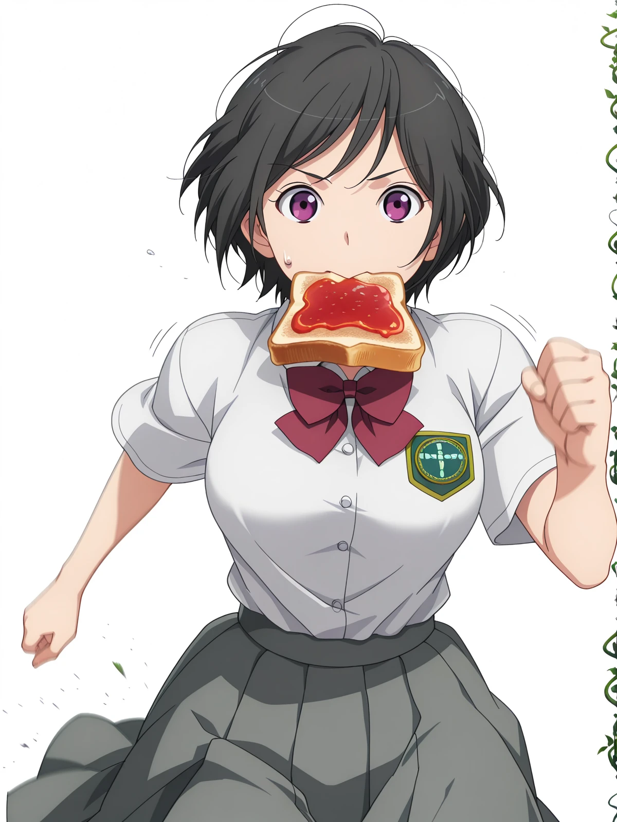masterpiece, best quality, amazing quality,, <lora:inko-amifumi-s1-illustriousxl-lora-nochekaiser:1>, inko amifumi, short hair, black hair, purple eyes, mature female, medium breasts, anime screencap,, skirt, shirt, bow, white shirt, short sleeves, pleated skirt, bowtie, red bow, dress shirt, grey skirt, <lora:food-in-mouth-running-illustriousxl-lora-nochekaiser:1>, food in mouth running, food in mouth, running, bread, bread slice, food, toast in mouth, toast, sweatdrop, motion lines, motion blur, outdoors, straight-on, jungle, dense, wildlife, vines, green, cowboy shot, solo, looking at viewer, <lora:transparent-background-illustriousxl-lora-nochekaiser:1>, transparent background, simple background, white background