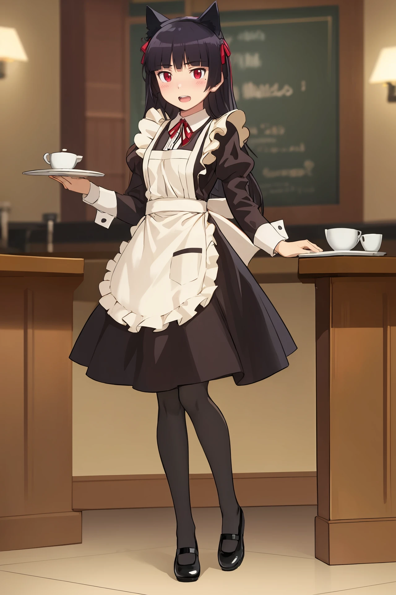 (best quality, masterpiece:1.2), <lora:Char-Gokou_Ruri-V1-SD1.5:0.9:hr=0.6>, 1girl, solo, gokou ruri, solo, maid, red eyes, cat ears, red neck ribbon, black maid dress, maid apron, black pantyhose, mary janes, embarrassed, open mouth, blush, smile, open mouth, holding plate, looking at viewer, full body, standing, contrapposto, bar \(place\), indoors, depth of field
