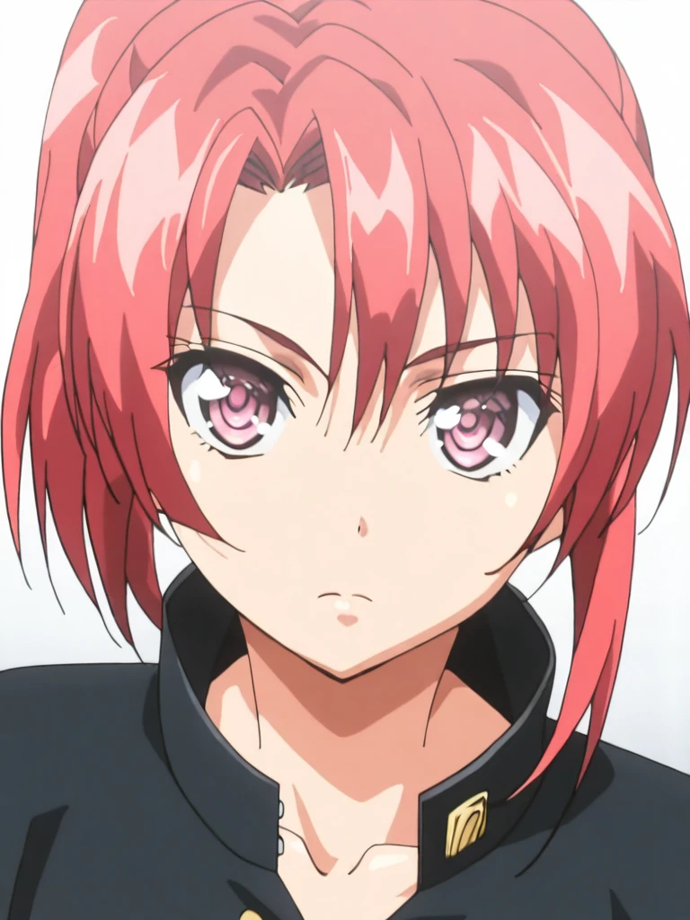 masterpiece,high score,great score,absurdres,,anime coloring,anime screenshot,1girl,solo,looking at viewer,upper_body,portrait,white background,<lora:NagisaKiryuu ag4o:1> nagisakiryuu, red hair, short hair, ponytail, pink eyes,gakuran,