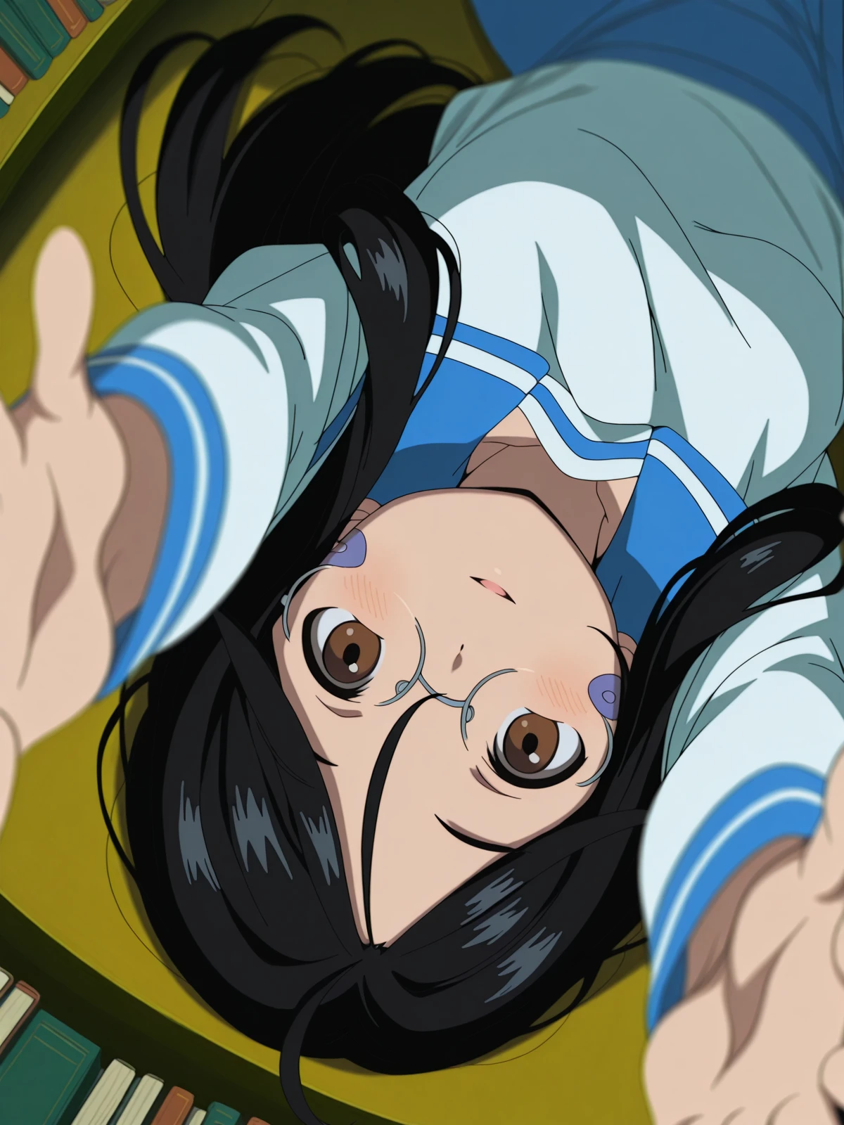 masterpiece, best quality, amazing quality,, <lora:skuld-s2-illustriousxl-lora-nochekaiser:1>, skuld, long hair, black hair, ahoge, facial mark, hair between eyes, brown eyes, anime screencap,,  serafuku, sailor collar, blue sailor collar, skirt, blue skirt, long sleeves,, <lora:upside-down-reaching-towards-viewer-illustriousxl-lora-nochekaiser:1>, upside-down reaching towards viewer, solo, looking at viewer, blush, smile, open mouth, parted lips, lying, on back, blurry, depth of field, outstretched arms, blurry foreground, reaching, reaching towards viewer, upside-down,, library, reading books, glasses, quiet, focused, shelves of books, cowboy shot, solo, looking at viewer,