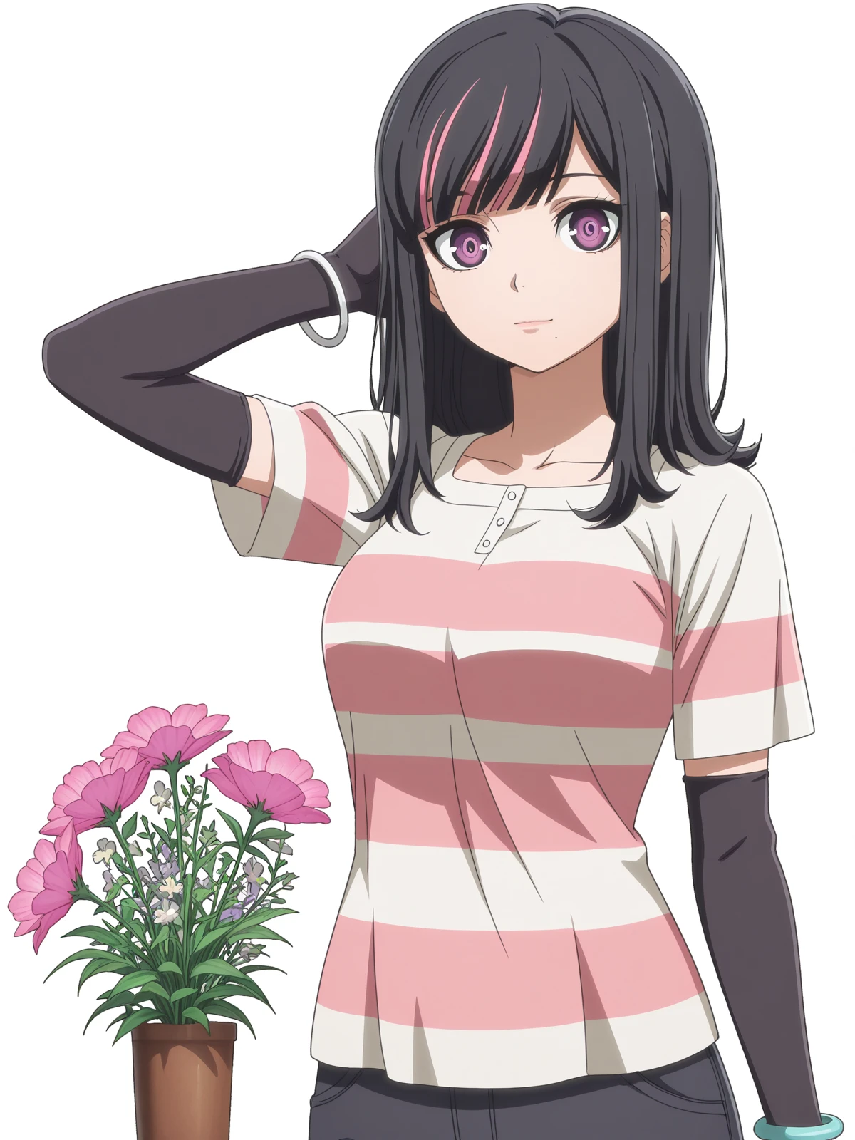 masterpiece, best quality, amazing quality,, <lora:akudama-swindler-s1-illustriousxl-lora-nochekaiser:1>, swindler, bangs, black hair, purple eyes, pink hair, multicolored hair, mole, two-tone hair, streaked hair, mole under mouth, mature female, , anime screencap, shirt, gloves, jewelry, black gloves, elbow gloves, striped, fingerless gloves, bracelet,, hand behind head, , flower shop, flowers, shelves, arrangements, cowboy shot, solo, looking at viewer, <lora:transparent-background-illustriousxl-lora-nochekaiser:1>, transparent background, simple background, white background