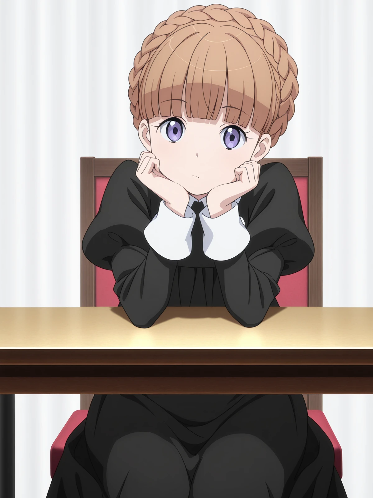 masterpiece, best quality, amazing quality,, <lora:eddelrittuo-s1-illustriousxl-lora-nochekaiser:1>, eddelrittuo, bangs, brown hair, purple eyes, braid, blunt bangs, anime screencap, long sleeves, dress, puffy sleeves, black dress, maid, sitting, head rest, table,, theater, stage, seats, performance, curtains, cowboy shot, solo, looking at viewer, <lora:transparent-background-illustriousxl-lora-nochekaiser:1>, transparent background, simple background, white background