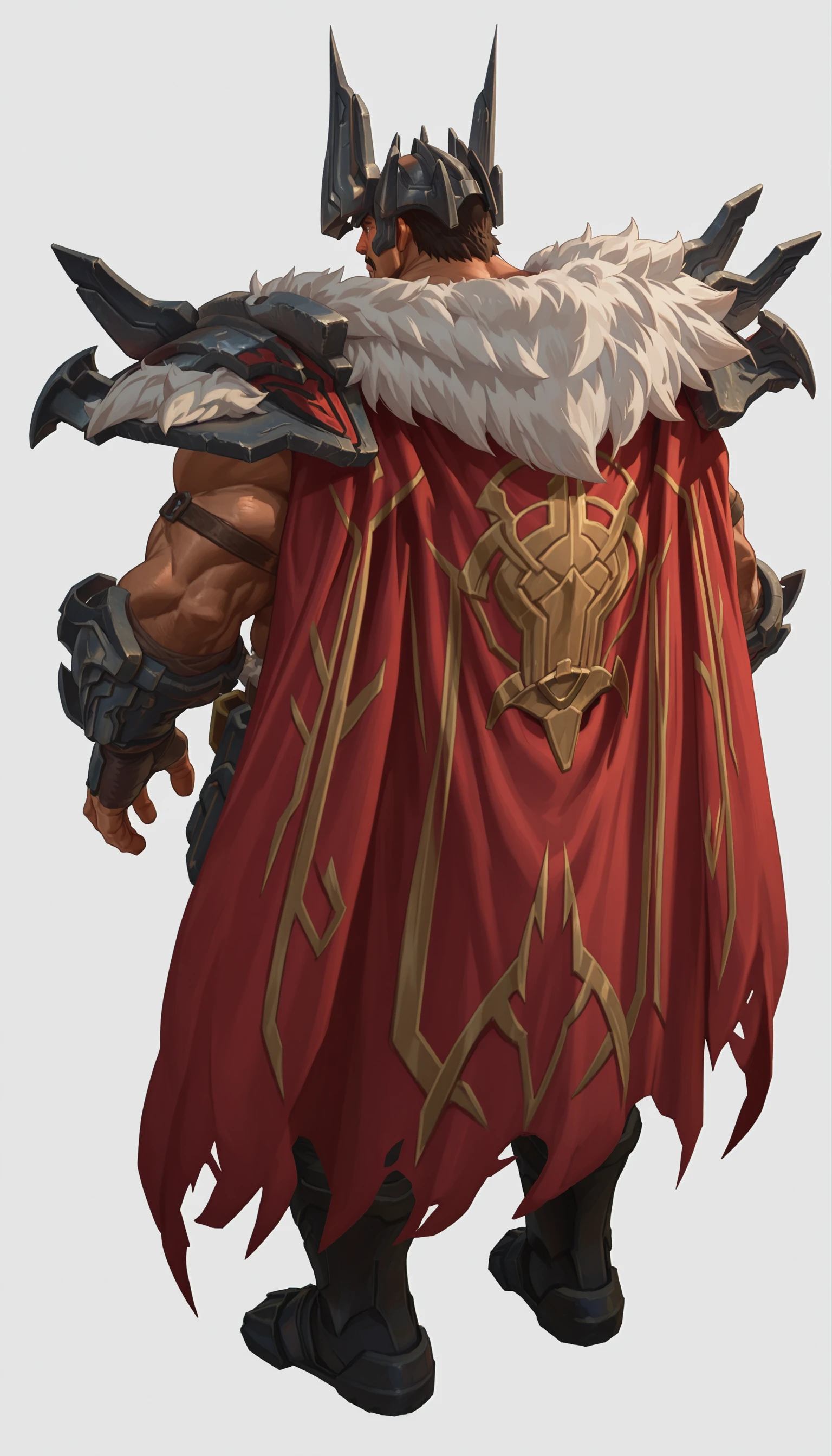 1boy,male focus,solo,
20r0j_2,k0n0hanaya,
simple background,anime coloring,
weapon over shoulder,hammer,huge weapon,polearm,
Sahn-uzal,scar,tattoo,gauntlets,fingerless gloves,
muscular male,bara,manly,mature male,facial hair,golden eyes,moustache,
helmet,red hair,armor,fur trim,cape,belt,armored boots,chest harness,
detailed face,detailed eyes,masterpiece, best quality, newest, absurdres, highres,