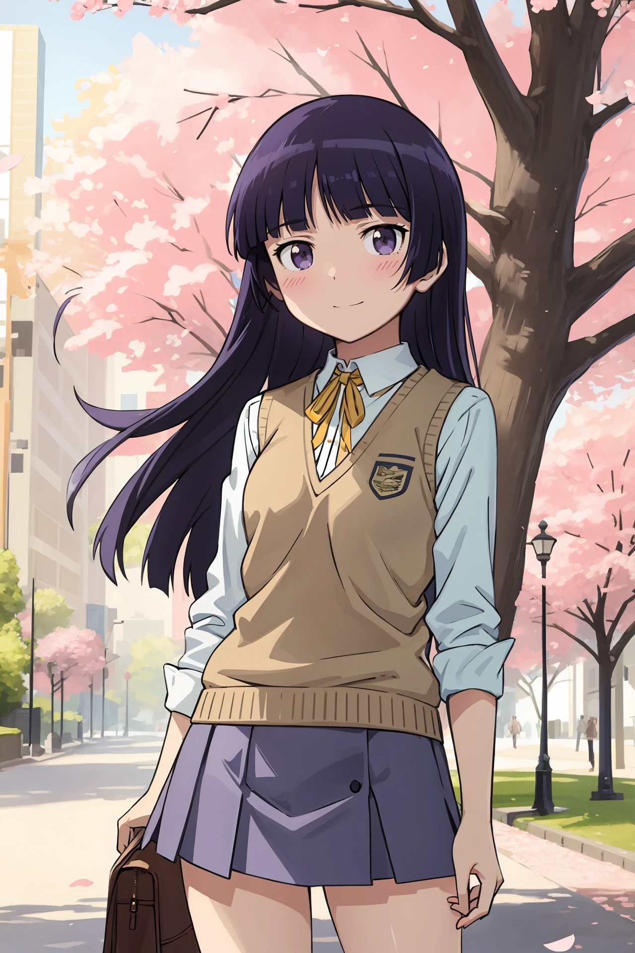 (best quality, masterpiece:1.2), <lora:Char-Gokou_Ruri-V1-SD1.5:0.9:hr=0.6>, 1girl, gokou ruri, solo, yellow neck ribbon, white collared shirt, yellow sweater vest, blue miniskirt, standing, contrapposto, cowboy shot, light smile, looking at viewer, outdoors, street, cherry blossoms, petals, depth of field