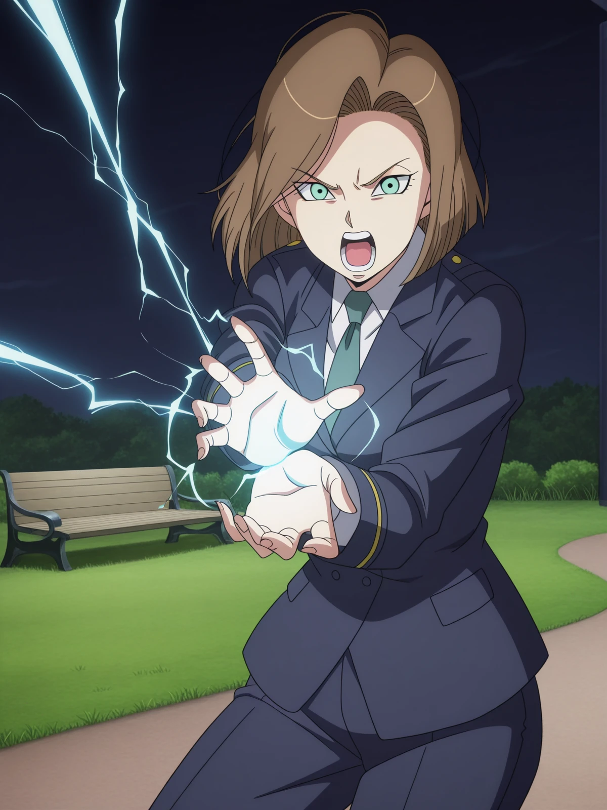masterpiece, best quality, amazing quality,, <lora:darzana-magbaredge-s1-illustriousxl-lora-nochekaiser:1>, darzana magbaredge, short hair, brown hair, green eyes, mole, mature female, medium breasts, anime screencap, necktie, uniform, formal, suit, <lora:kamehameha-illustriousxl-lora-nochekaiser:1>, kamehameha, kamehameha (dragon ball), open mouth, incoming attack, torn clothes, shouting, energy, energy beam, energy ball, from side, electricity,, park, grass, benches, path, recreation, cowboy shot, solo, looking at viewer,