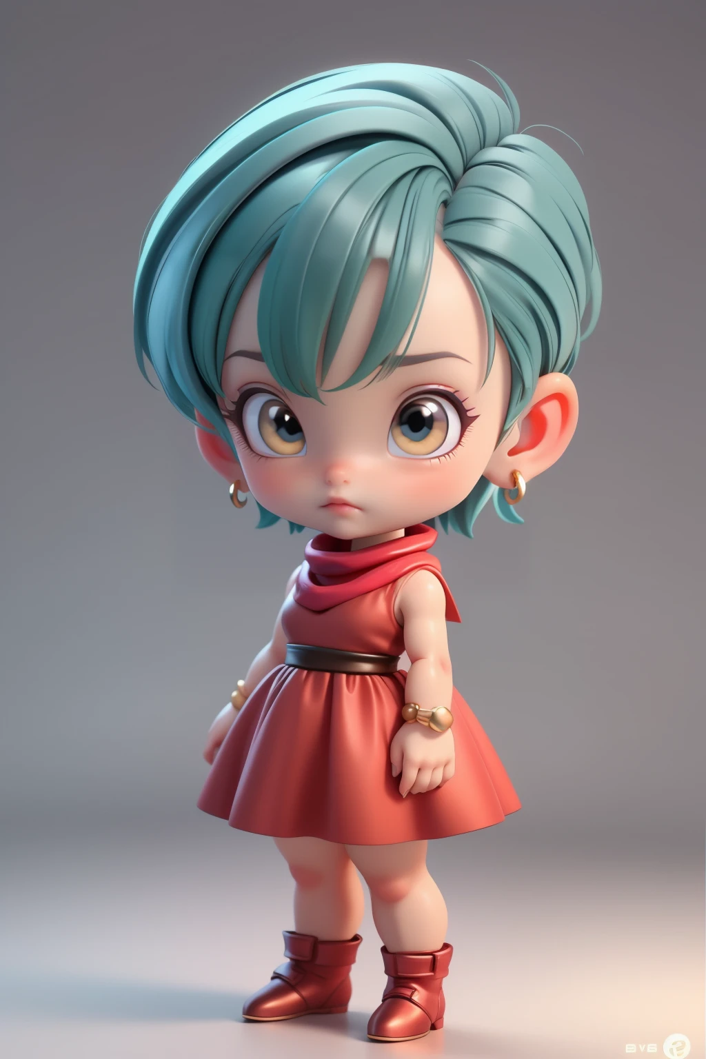 <lora:bulma_9:0.9>, dragon ball, blmshort, aqua hair, very short hair, earrings, jewelry, red dress, , yellow scarf, short dress, sleeveless. chibi style, short legs, short feet, short hands, top-heavy, mini body, small body, big head, big head doll, chibi, tiny human being, minimesdfinal, 1girl minime, 1girl, solo, looking at viewer, <lora:MiniMeSDFINAL:0.5>. detailed hair strands, detailed iris. <lora:OverallDetail:1><lora:OverallDetail:1>