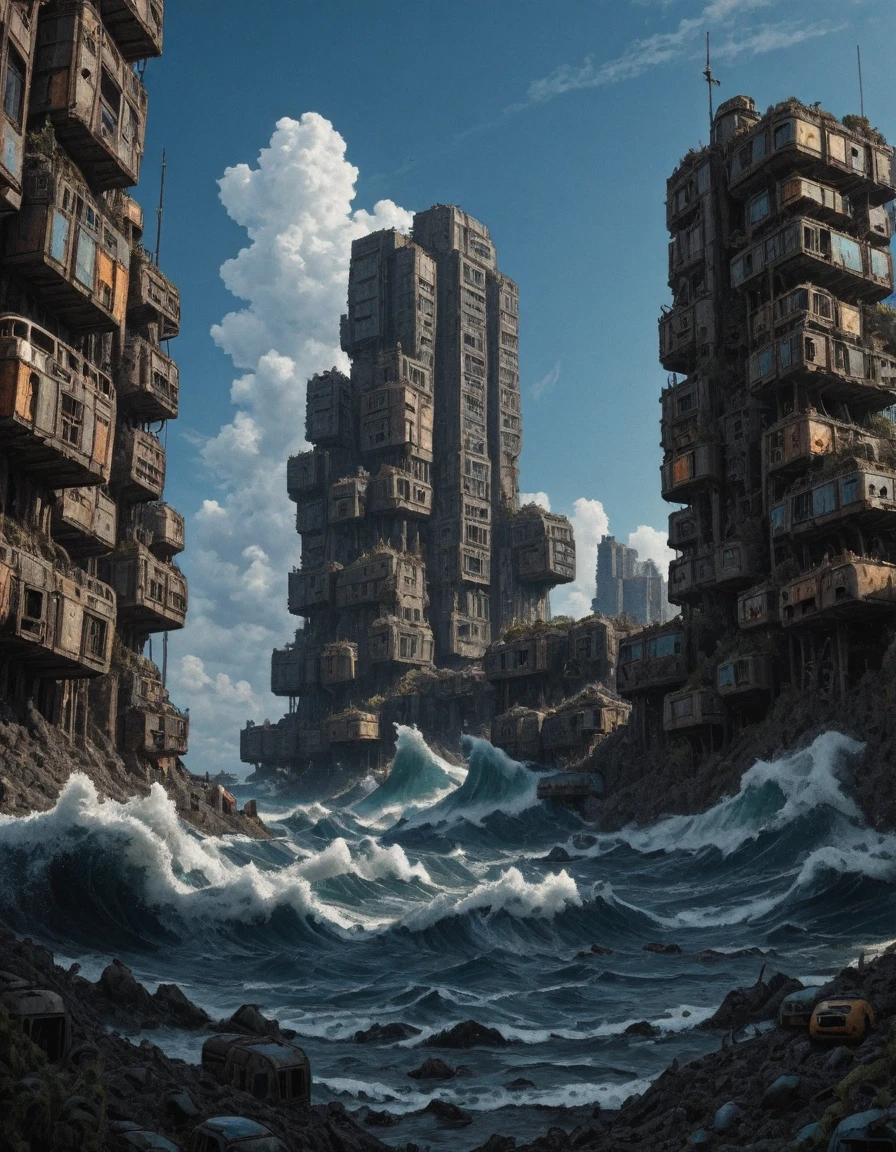 <lora:CW02_Lost_LuxFlats_ill:1> cw02lf, masterpiece, absurdres, 8k, insanely detailed, sharp focus, from side, blue sky, piled cars buildings, sea, waves, mass vegetation,