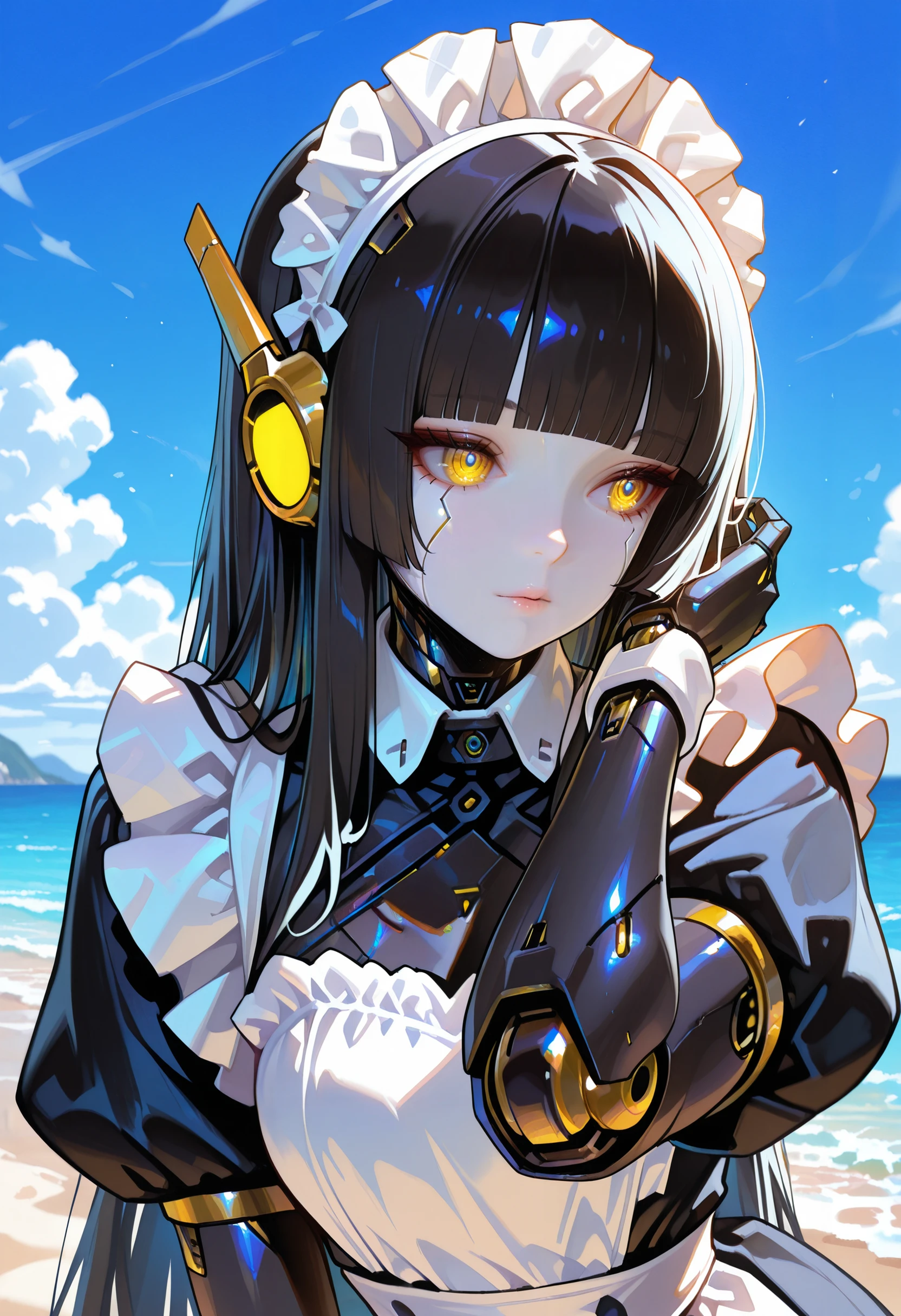 masterpiece, very aesthetic, best quality, absurdres, newest,
<lora:ILJABlH:1>
JABlH, 1girl, black hair, maid headdress, yellow eyes, long hair, sidelocks, robot ears, android, blunt bangs
