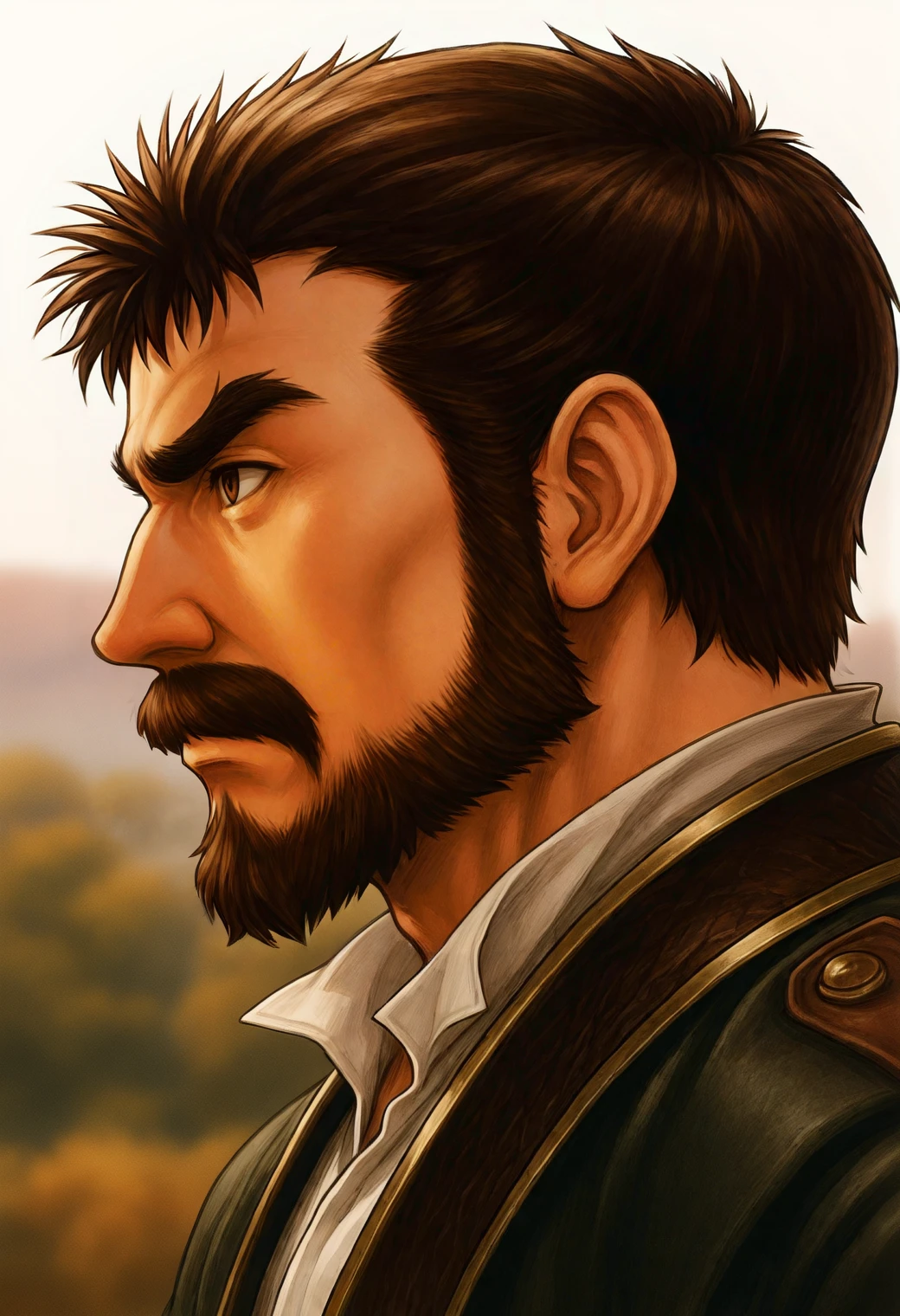 masterpiece,best quality,
1boy,
g3r31nt,brown eyes,brown hair,short hair,full beard,mustache,thick eyebrows,
from side,profile,looking ahead,portrait,
white shirt,popped collar,gold trim,
depth of field,blurry background,atmospheric perspective,
<lora:gereint_bg_NAI_EPS_1_1_CAME_v1_rev3:1>,âââ