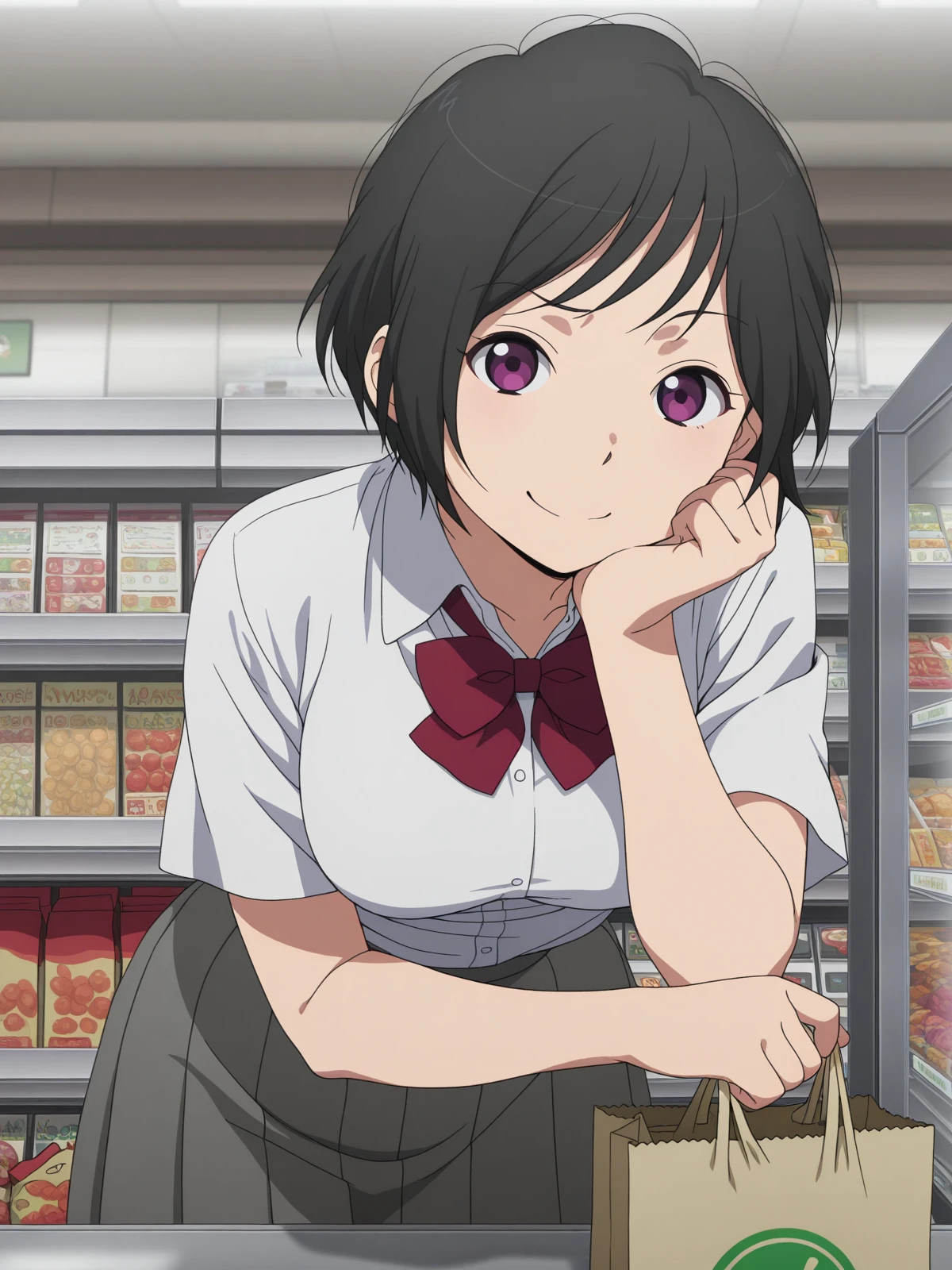 masterpiece, best quality, amazing quality,, <lora:inko-amifumi-s1-illustriousxl-lora-nochekaiser:1>, inko amifumi, short hair, black hair, purple eyes, mature female, medium breasts, anime screencap,, skirt, shirt, bow, white shirt, short sleeves, pleated skirt, bowtie, red bow, dress shirt, grey skirt, head rest, smug, grocery store, cashier, shopping bag, scanning items, small talk, everyday routine, cowboy shot, solo, looking at viewer,