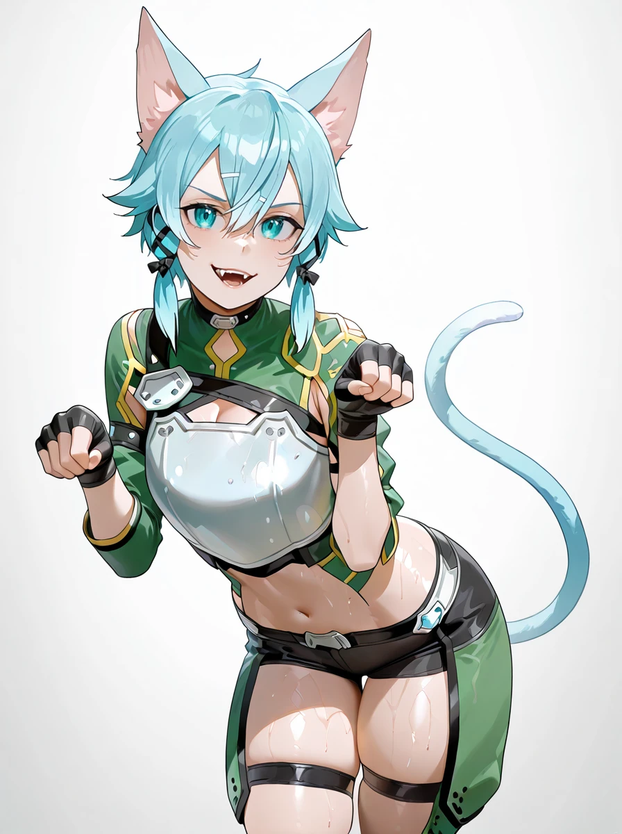 masterpiece, best quality, amazing quality, very aesthetic, absurdres, newest,shiny skin, <lora:sinonSAO:1>sinonALO, 1girl, sinon, fairy (sao), cat ears, cat tail, breastplate, cat girl, armor, blue hair, short shorts blue eyes, navel, , thigh strap, black shorts, , short hair, midriff, gloves, hair ribbon, stomach,   thick thighs single_sleeve  smirk,  looking at viewer,  shiny_clothes   solo oiled , paw pose, open mouth,  fangs