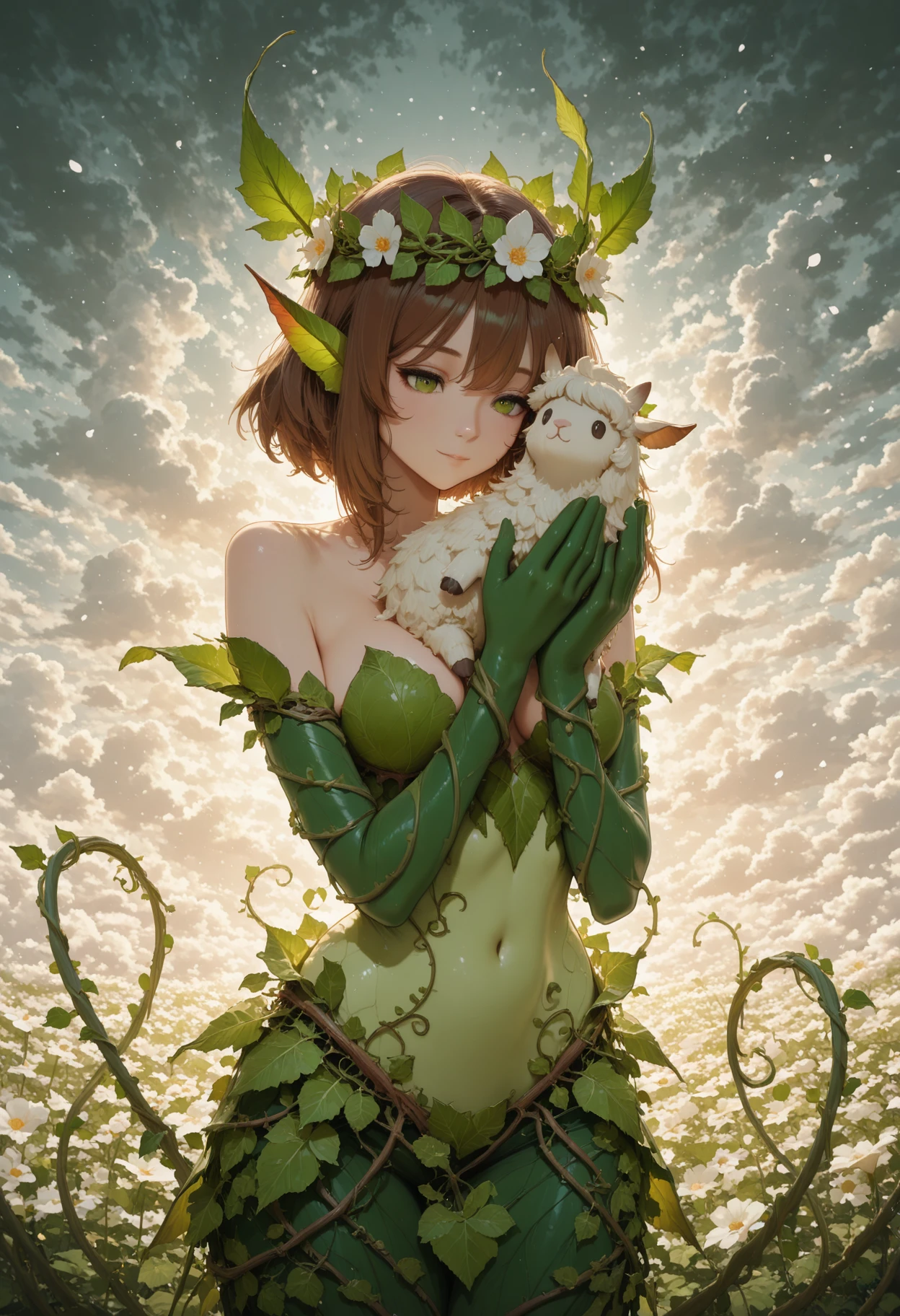 newminimalismcore, dryad, flower_crown, leaf_outfit, ivy_gloves, short_brown_hair, leaf_ears green_eyes, serene young woman, long platinum hair, jeweled headband, gently holding fluffy white llama, soft ethereal light, cloudy dreamlike background, peaceful expression, fantasy aesthetic, soft focus, magical atmosphere