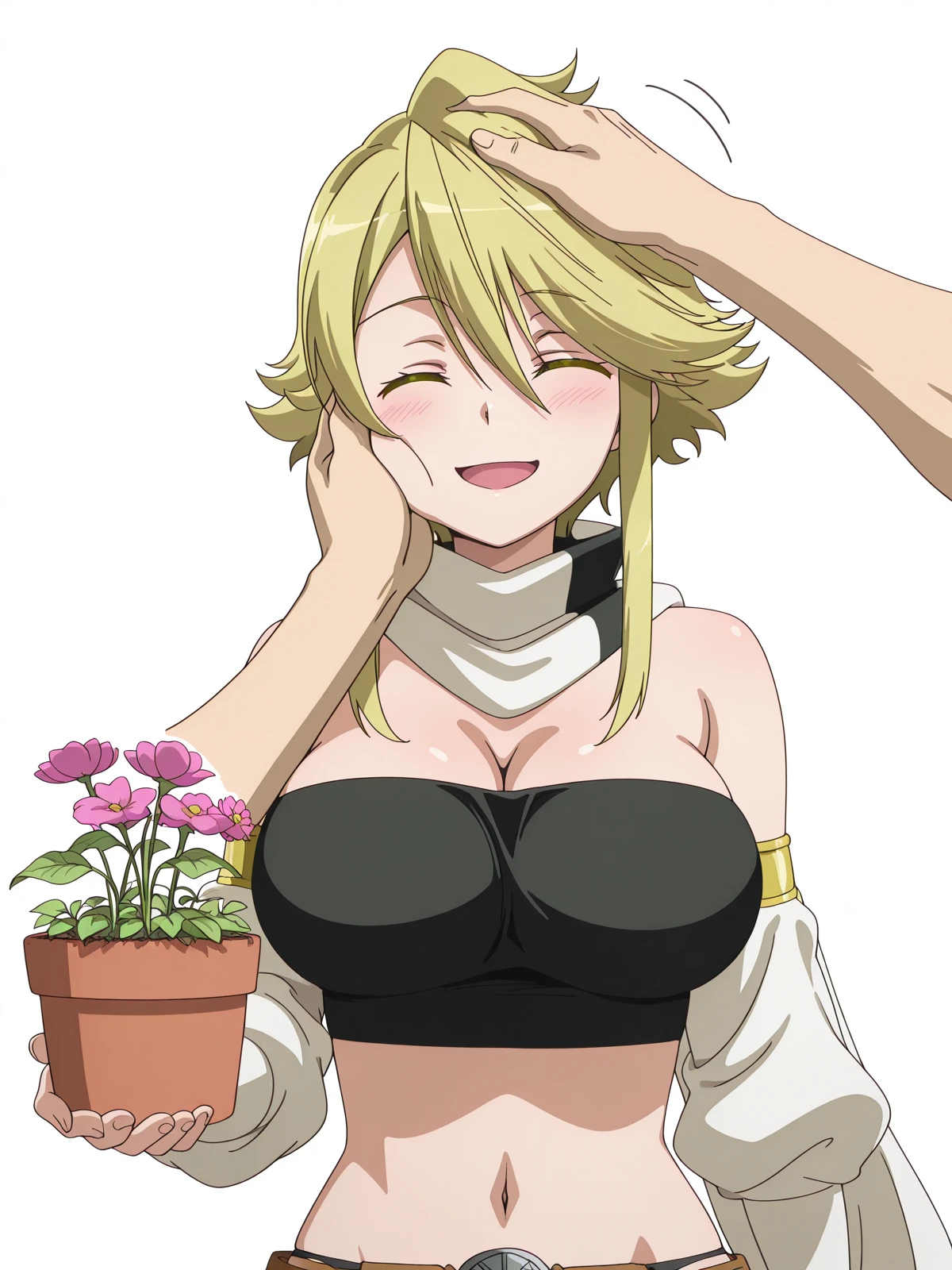masterpiece, best quality, amazing quality,, <lora:agk-leone-s1-illustriousxl-lora-nochekaiser:1>, leone, blonde hair, yellow eyes, swept bangs, sidelocks, short hair, mature female, large breasts, anime screencap, scarf, white scarf, crop top, detached sleeves, bare shoulders, belt, 1girl, navel, cleavage, underwear, panties, midriff, black panties,, <lora:pov-cheek-and-head-pat-illustriousxl-lora-nochekaiser:1>, pov cheek and head pat, pov cheek and head pat (meme), looking at viewer, blush, smile, open mouth, upper body, closed eyes, solo focus, pov, hand on another's head, pov hands, headpat, hand on another's face, hand on another's cheek, petting,, gardening, watering plants, backyard, flowers blooming, sunny day, cowboy shot, solo, looking at viewer, <lora:transparent-background-illustriousxl-lora-nochekaiser:1>, transparent background, simple background, white background