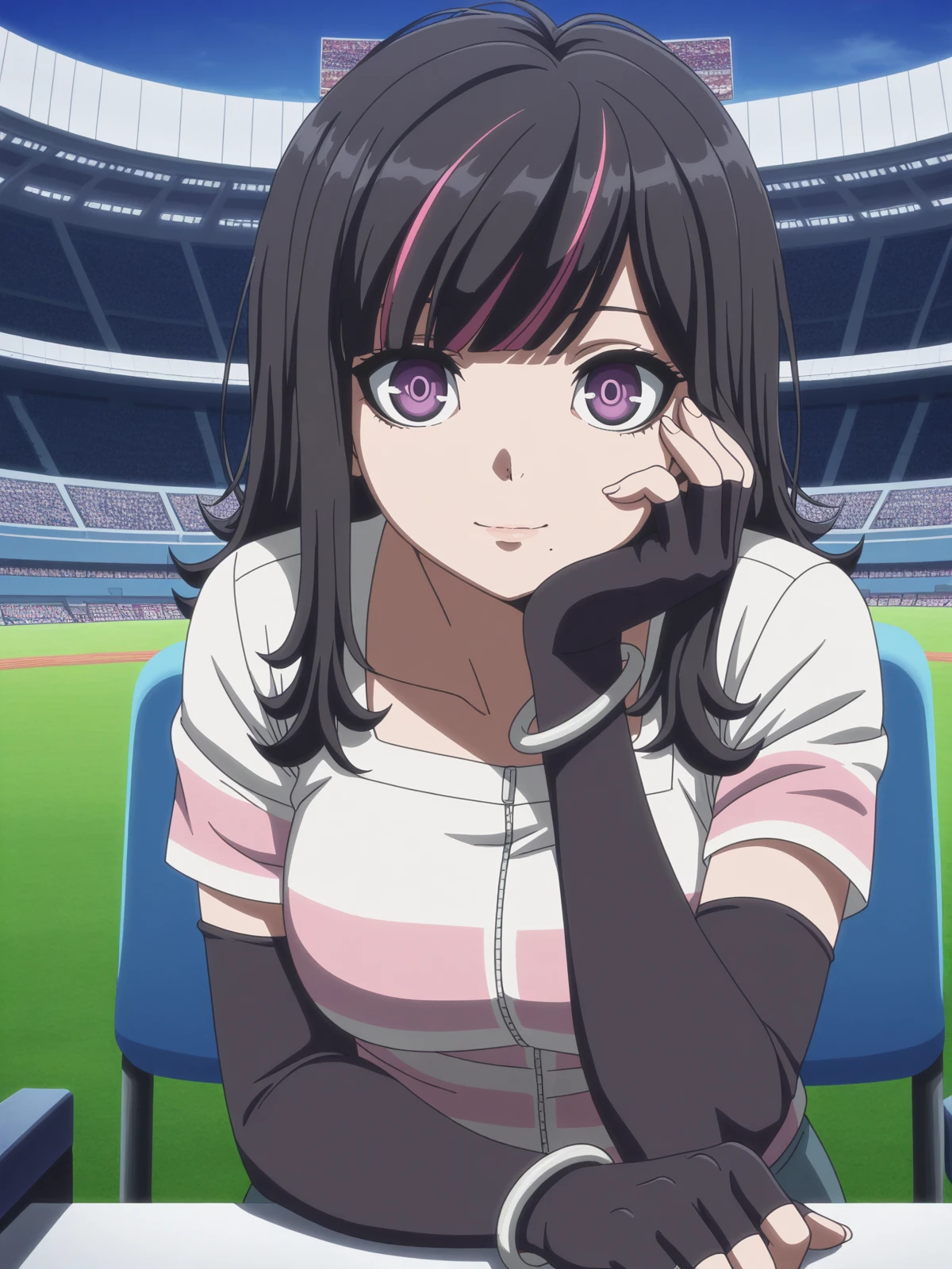 masterpiece, best quality, amazing quality,, <lora:akudama-swindler-s1-illustriousxl-lora-nochekaiser:1>, swindler, bangs, black hair, purple eyes, pink hair, multicolored hair, mole, two-tone hair, streaked hair, mole under mouth, mature female, , anime screencap, shirt, gloves, jewelry, black gloves, elbow gloves, striped, fingerless gloves, bracelet,, head rest, stadium, seats, field, game, large, cowboy shot, solo, looking at viewer,