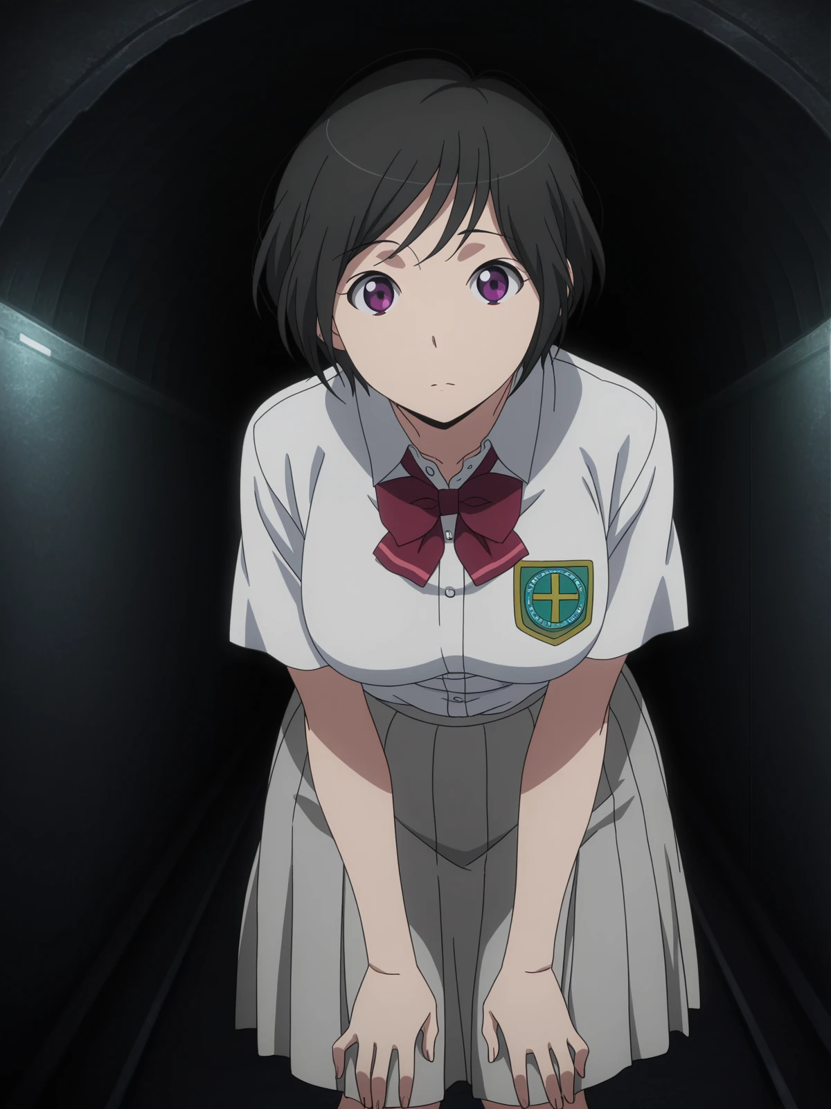 masterpiece, best quality, amazing quality,, <lora:inko-amifumi-s1-illustriousxl-lora-nochekaiser:1>, inko amifumi, short hair, black hair, purple eyes, mature female, medium breasts, anime screencap,, skirt, shirt, bow, white shirt, short sleeves, pleated skirt, bowtie, red bow, dress shirt, grey skirt, hands on own knees, tunnel, dark, underground, passage, walls, cowboy shot, solo, looking at viewer,