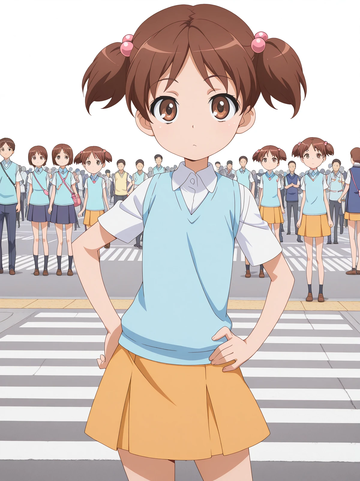 masterpiece, best quality, amazing quality,, <lora:kana-hazamaya-s1-illustriousxl-lora-nochekaiser:1>, kana hazamaya, short hair, brown hair, hair ornament, twintails, brown eyes, hair bobbles, short twintails, anime screencap, skirt, sweater vest, blue sweater vest,, <lora:princess-leia-pose-illustriousxl-lora-nochekaiser:1>, princess leia pose, sitting, hand on own hip, on side,, crosswalk, people, street, white_lines, traffic, cowboy shot, solo, looking at viewer, <lora:transparent-background-illustriousxl-lora-nochekaiser:1>, transparent background, simple background, white background