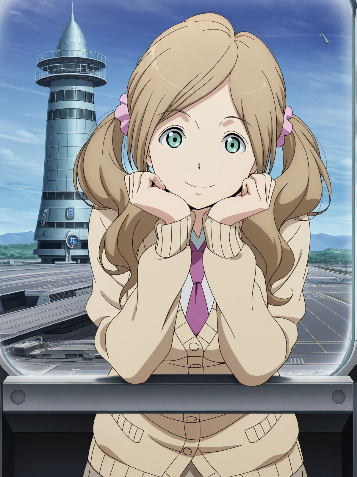 masterpiece, best quality, amazing quality,, <lora:nina-klein-s1-illustriousxl-lora-nochekaiser:1>, nina klein, long hair, brown hair, green eyes, twintails, scrunchie, mature female, medium breasts, anime screencap,, skirt, necktie, cardigan, necktie,, head rest, smile,, control tower, high, air_traffic, windows, staff, cowboy shot, solo, looking at viewer,