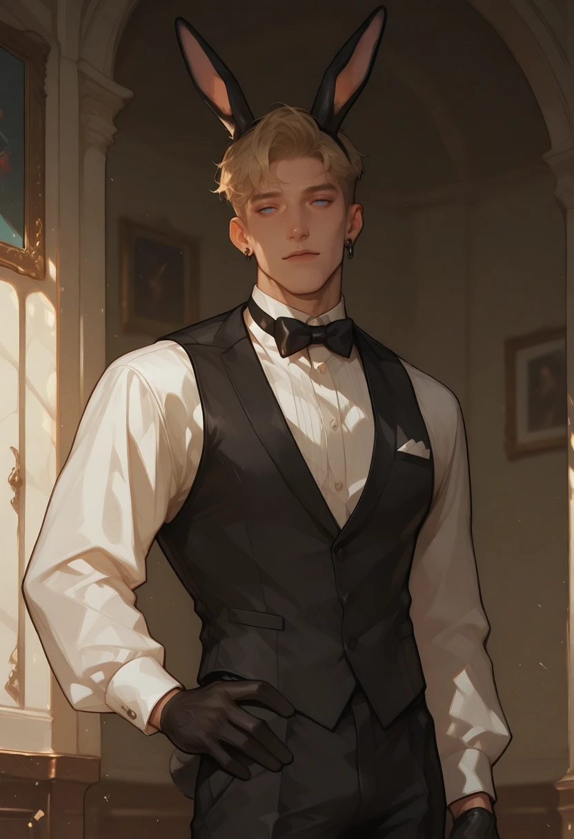 very awa, masterpiece, best quality, absurdres, newest, perfect quality, detailed background, intricate details
<lora:ILOCBlnG:1.0>
OCBlnG, 1boy, male focus, short hair, blonde hair, undercut, blue eyes, earrings, male focus, black vest, ascot, black bow, black pants, white shirt, black gloves, black bowtie,long sleeves, hand on hip, cowboy shot, waistcoat, collared shirt, formal, standing, bunny ears
