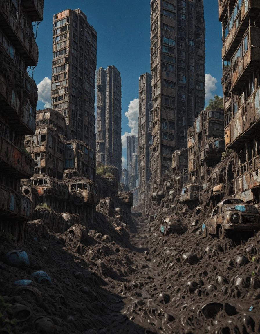 <lora:CW02_Lost_LuxFlats_ill:1> cw02lf, absurdres, insanely detailed, sharp focus, from side, blue sky, piled cars buildings, mud, vegetation, very narrow pathway, garbage bags, multilevels,